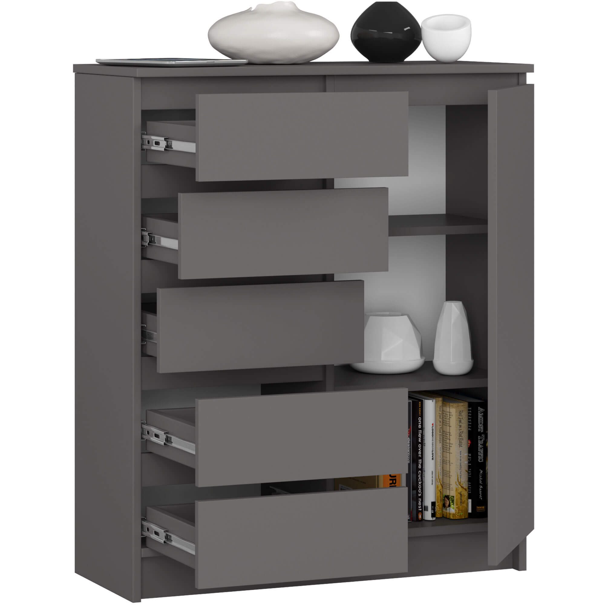 Raumhirsch Furniture Kommode mit 5 Schubladen, 1 Schranktür, 80 cm breit Holz Schrank, Highboard / Kommode 80 cm, Sideboard Organizer für jeden Raum