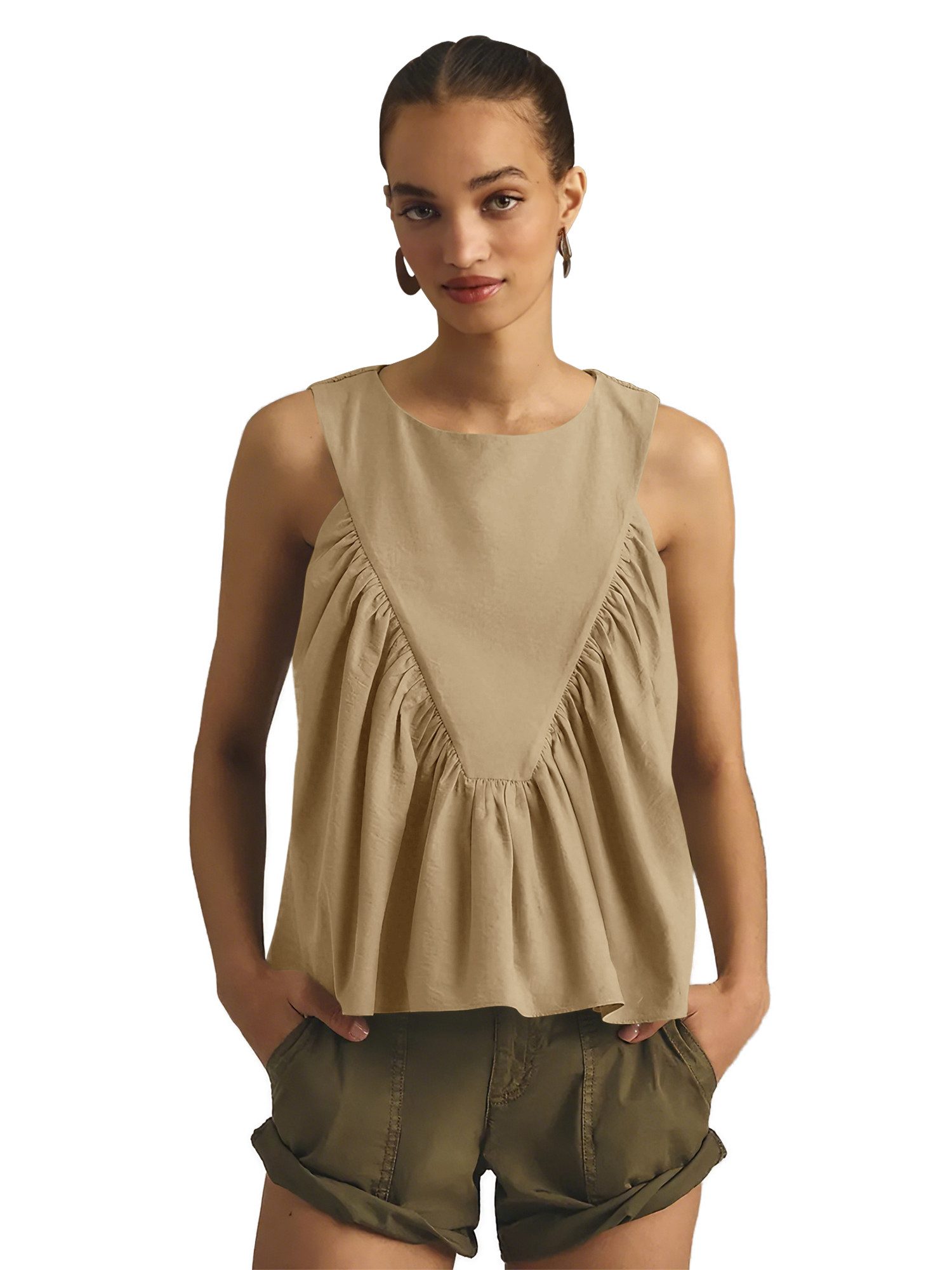 Imily Bela Tanktop Damen ärmelloses Oberteil mit Rundhals V-Form-Design Falten Casual Top (Packung, 1-tlg., 1per-Pack) mit Rüschen in Unifarbe