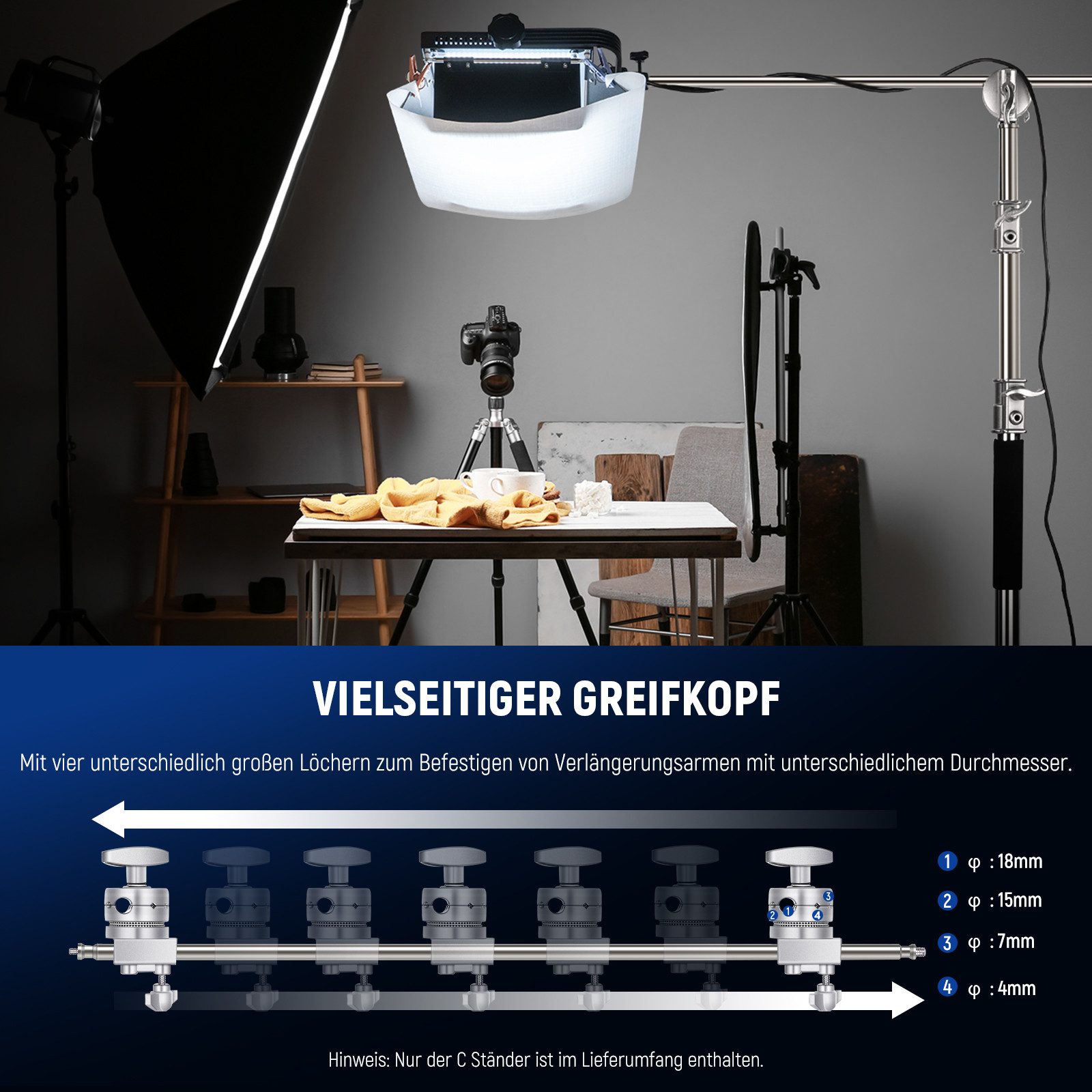 Neewer C320B 3M Verstellbarer C-Stand Lampentständer, 150-305 cm Lampenstativ (mit Tragetasche, für Fotostudio Videoreflektor Schirm Monolight) – Bild 5 von 5