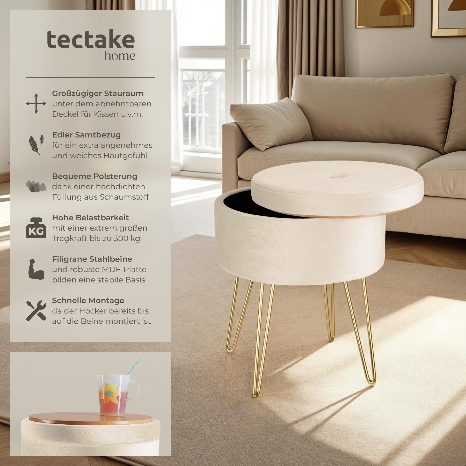 tectake Sitzhocker Schminkhocker Ava gepolstert in günstig online kaufen