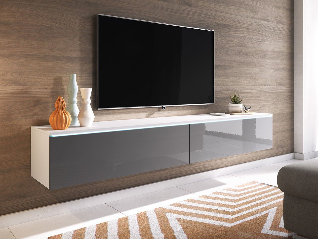 Mirjan24 TV-Schrank D180 Stilvoll TV-Tisch, 2 Türen, Modern Wohnzimmer Weiß / Grau Hochglanz