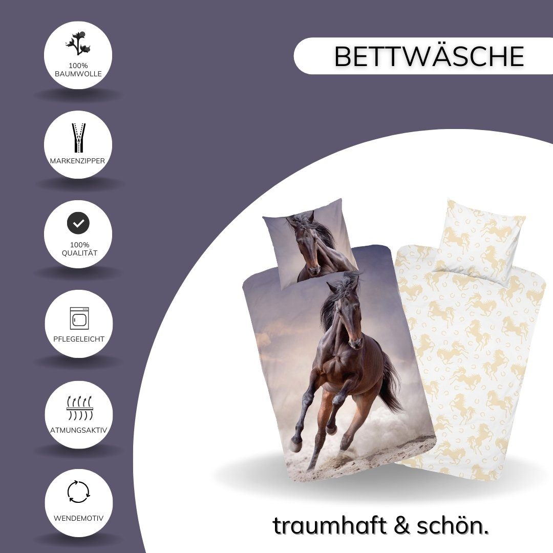 MTOnlinehandel Kinderbettwäsche Pferdebettwäsche 135x200 + 80x80 cm, 100 % günstig online kaufen