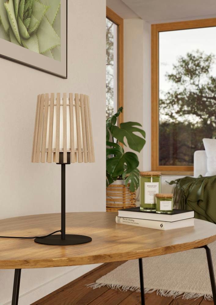 EGLO Tischleuchte FATTORIA, ohne Leuchtmittel, Nachttischlampe, Tischleuchte aus hellem Holz und weißem Textil, E27