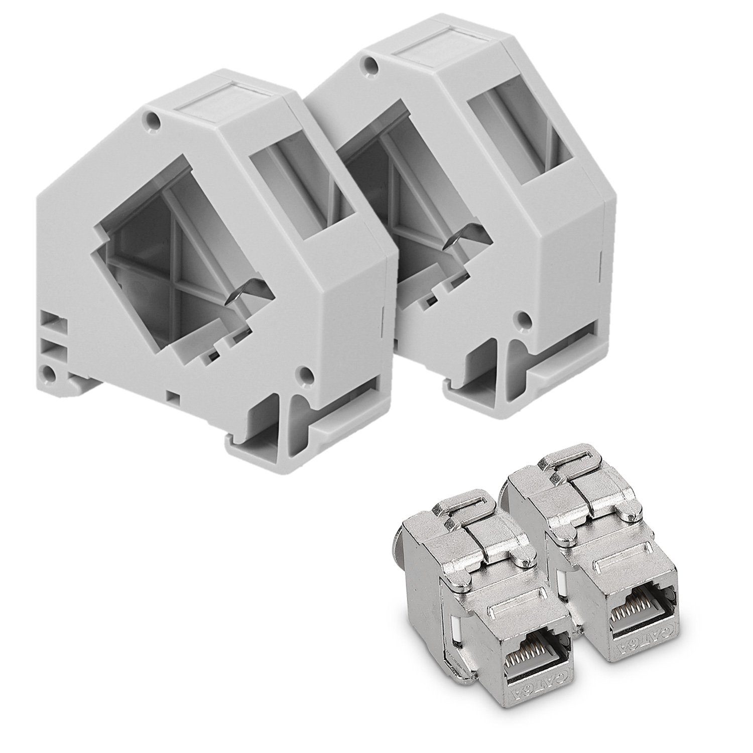 Keystone Modul Set mit Hutschienenadapter - 2x CAT 6A Netzwerkkabel
