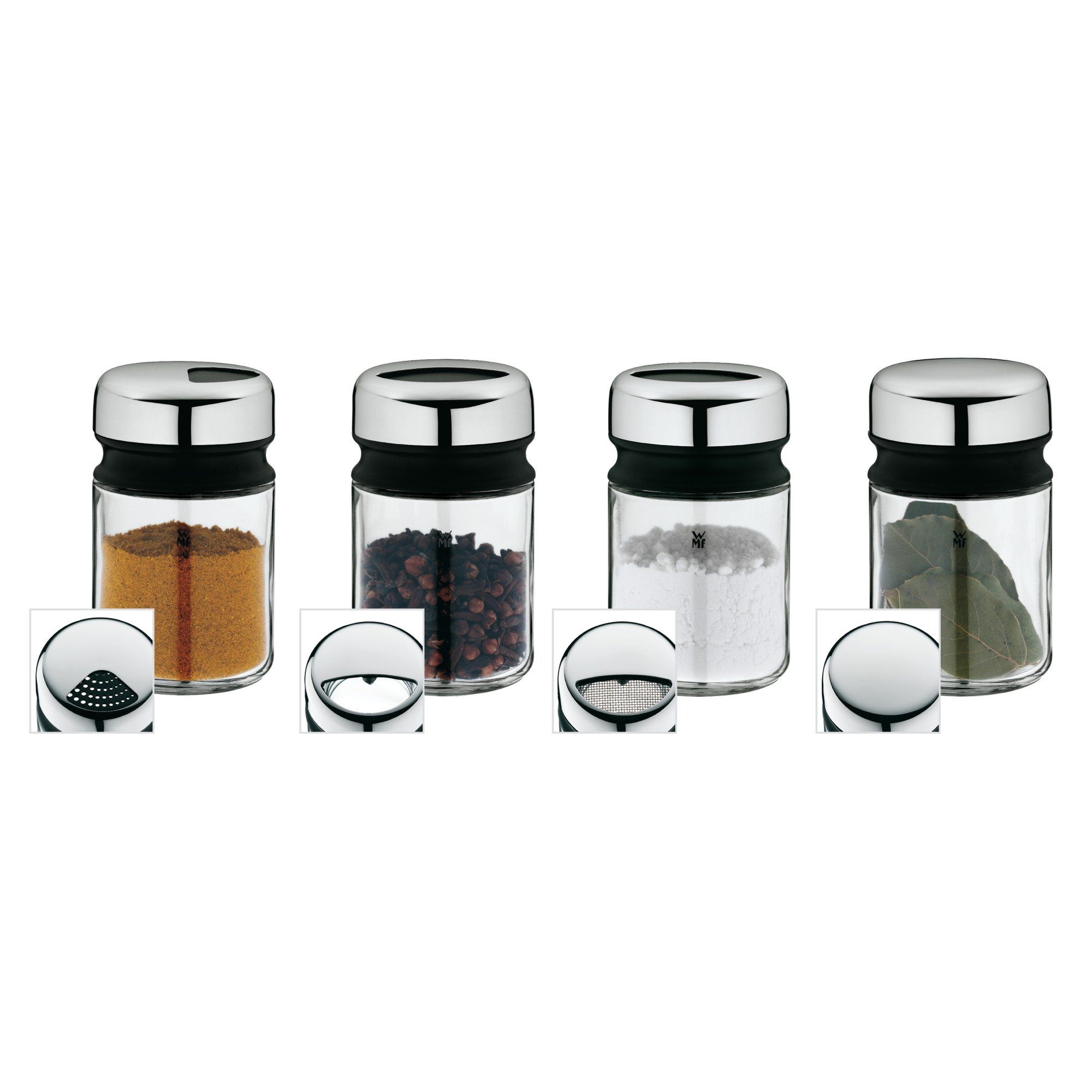 WMF Gewürzstreuer Depot Gewürzstreuer-Set, 4-teilig, (1x Gewürzdose, 3x Gewürzgläser leer - fein, grob, universal (Höhe 9,5 cm, Füllmenge 100ml, Ø 5,5 cm), 4-tlg)