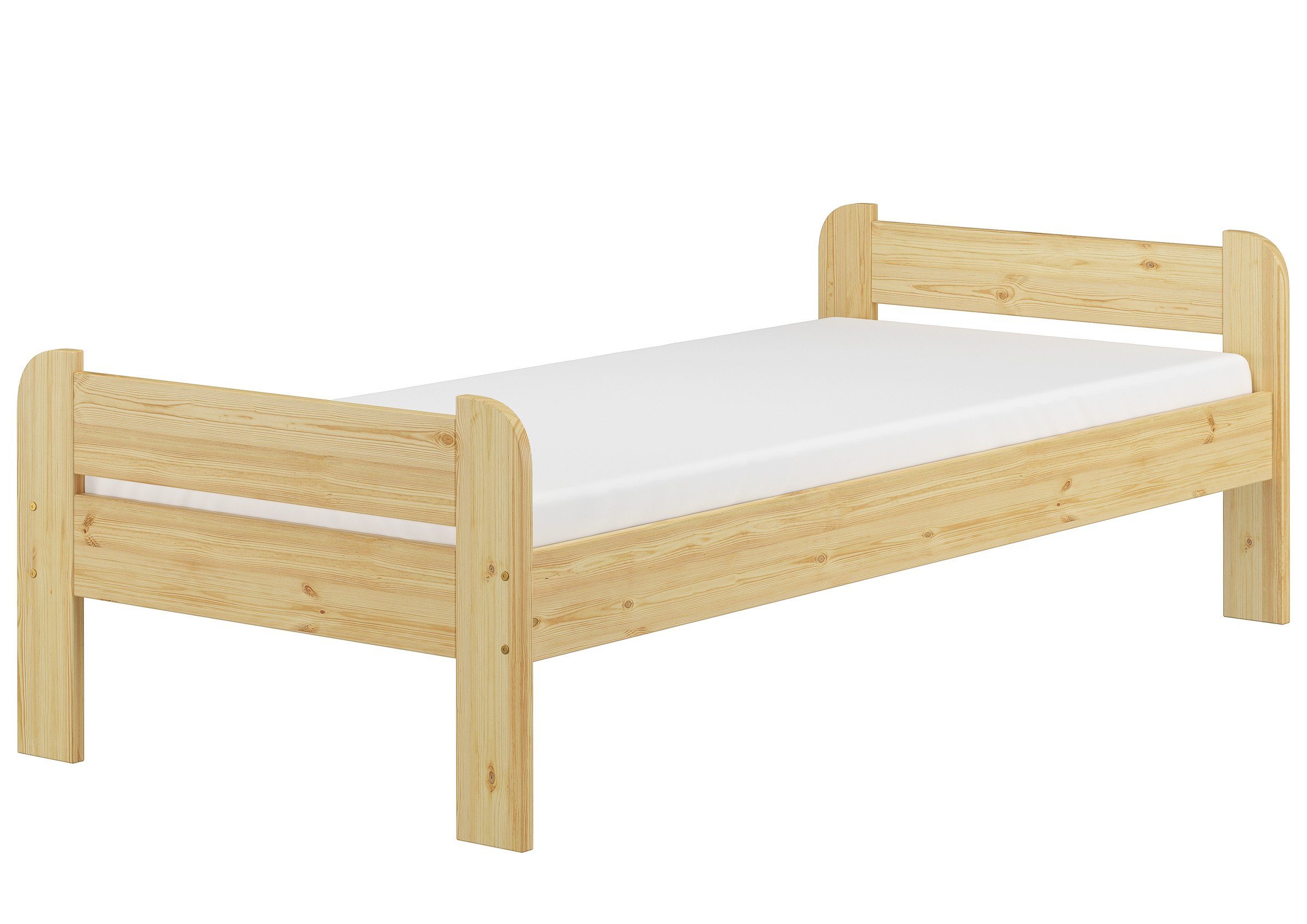 ERST-HOLZ Bett Einzelbett mit Kopf- und Fußteil inkl. Rollrost und Matratze, Kieferfarblos lackiert