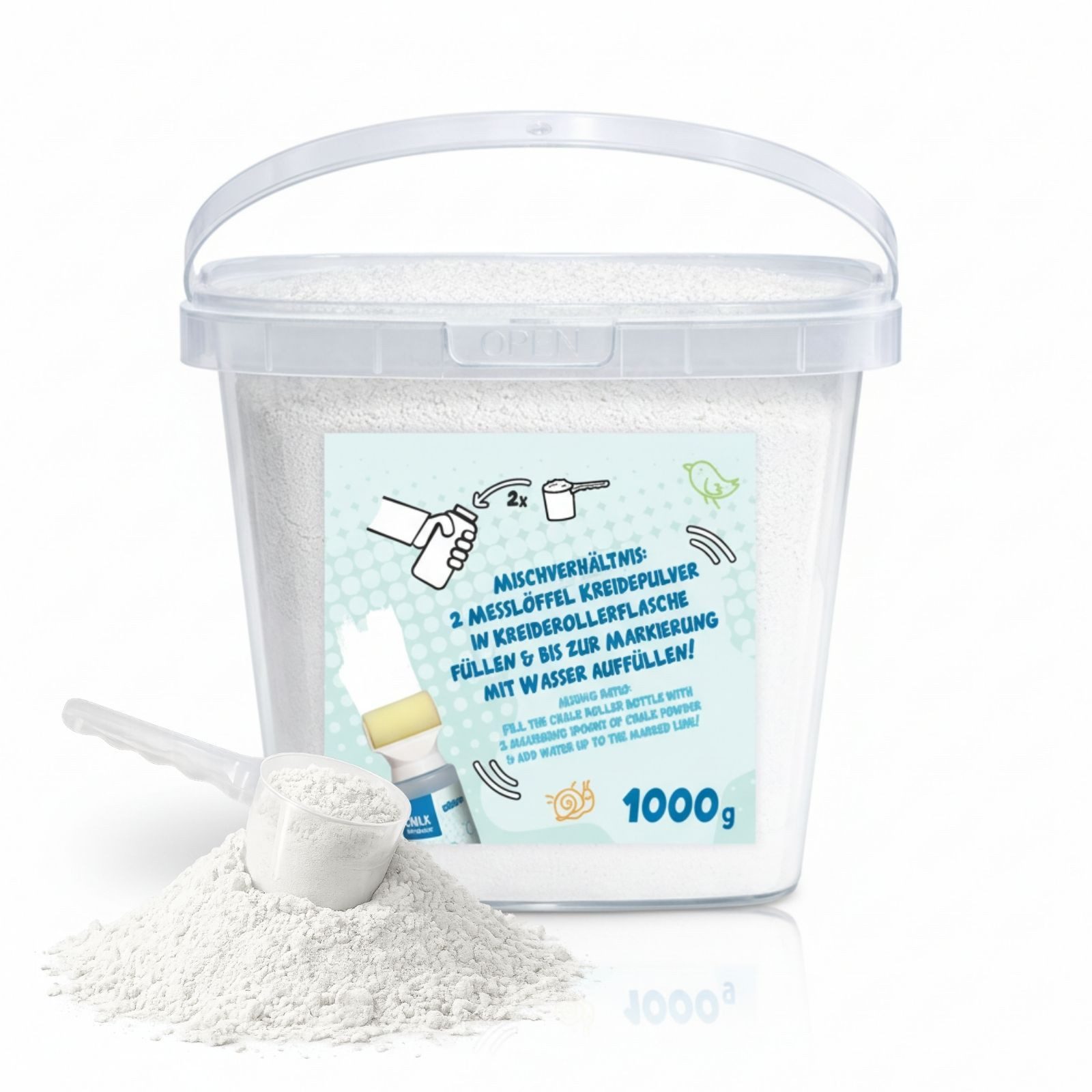 alldoro Malkreide Kreidepulver Weiß 1000g – Nachfüllpack für Straßenmalkreide-Roller, Mit Messlöffel, im wiederverschließbaren Eimer, für Kinder ab 3 Jahren