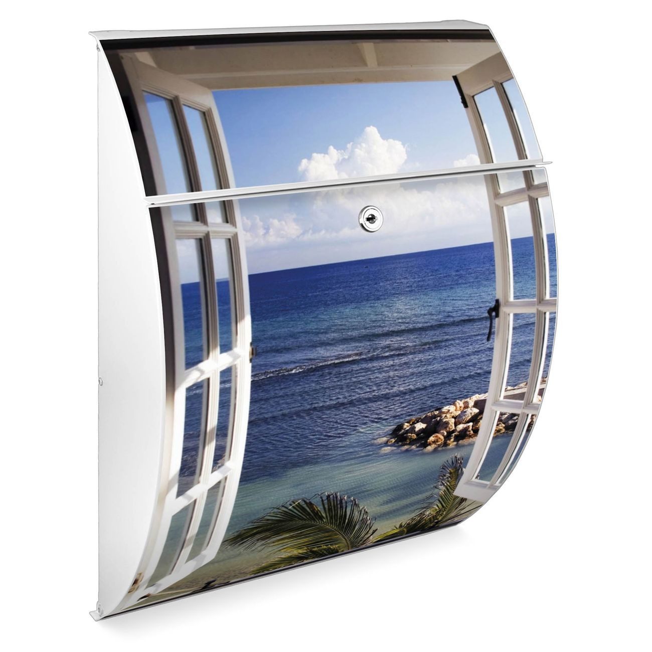 banjado Wandbriefkasten Burg-Wächter Riviera weiß mit Motiv Fensterpanorama (Wandbriefkasten witterungsbeständig, pulverbeschichtet), 33,5 x 46 x 13 cm