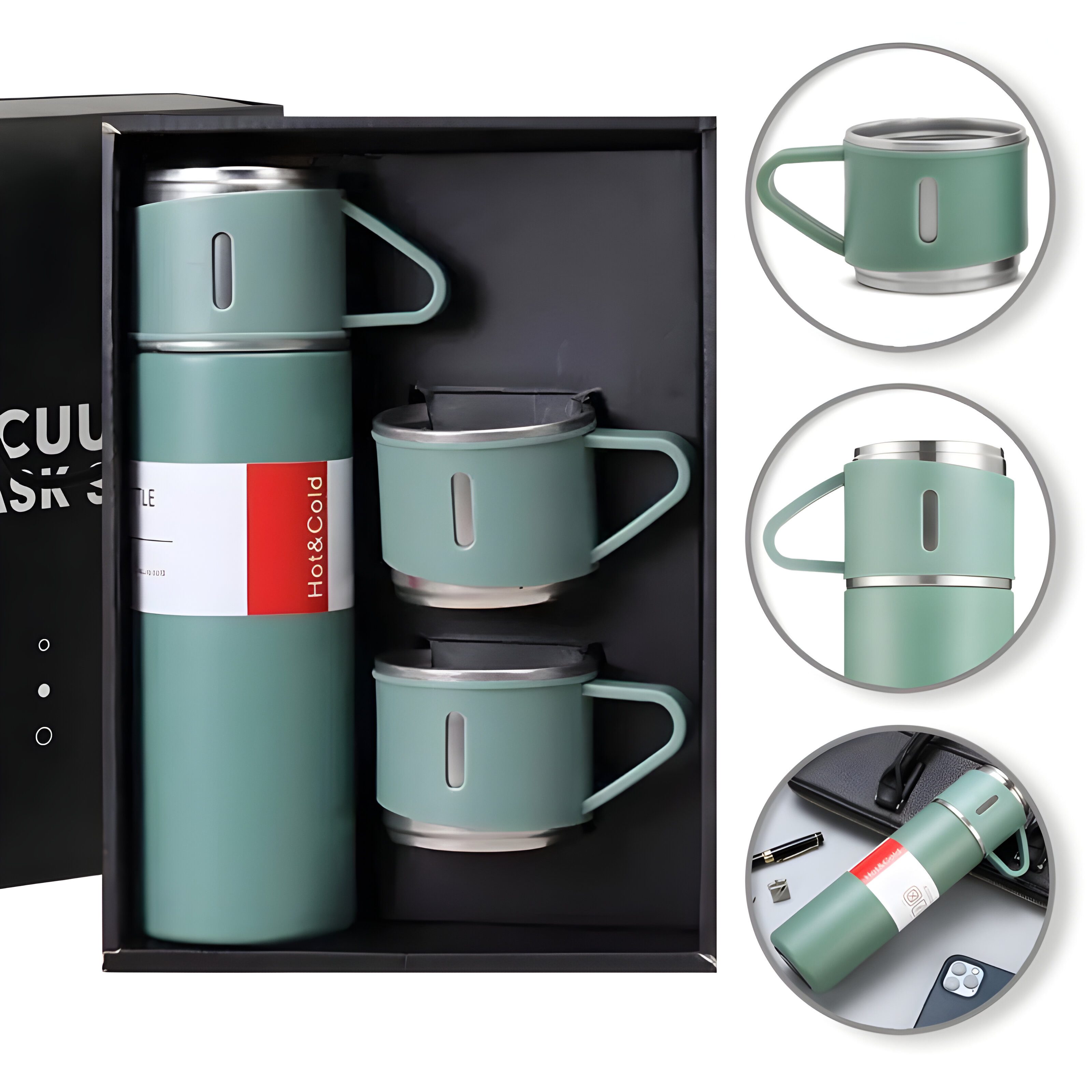 Isolierflasche 4 tlg. Set Thermoflasche Edelstahl Trinkflasche 500ml 3 Trinkbecher