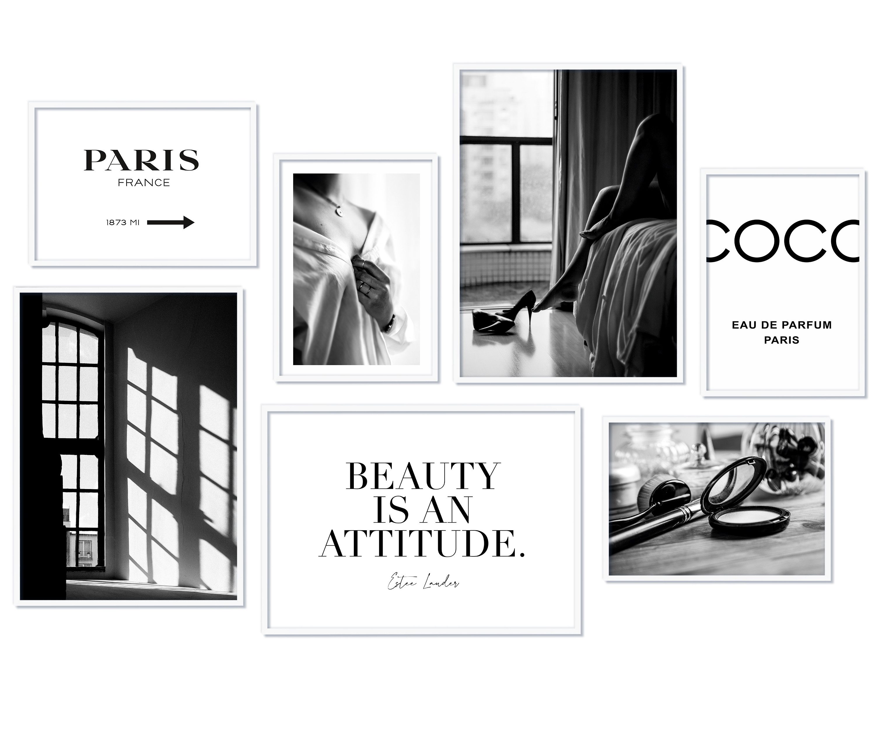 Hyggelig Home Poster Beauty, Premium Poster Set OHNE & MIT Rahmen - Wandbilder schwarz weiß, Abstrakt (Set, 7 St), Collage Coco, Qualitätsdruck auf dickem Papier