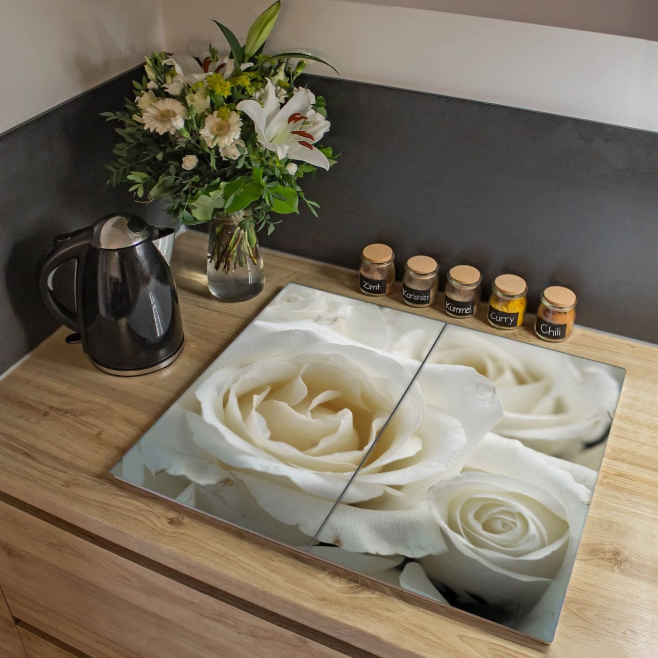 banjado Herd-Abdeckplatte zweiteilig aus Glas mit Motiv White Roses, (gehärtet, 2 tlg., inkl. selbstklebende Gummifüßchen)