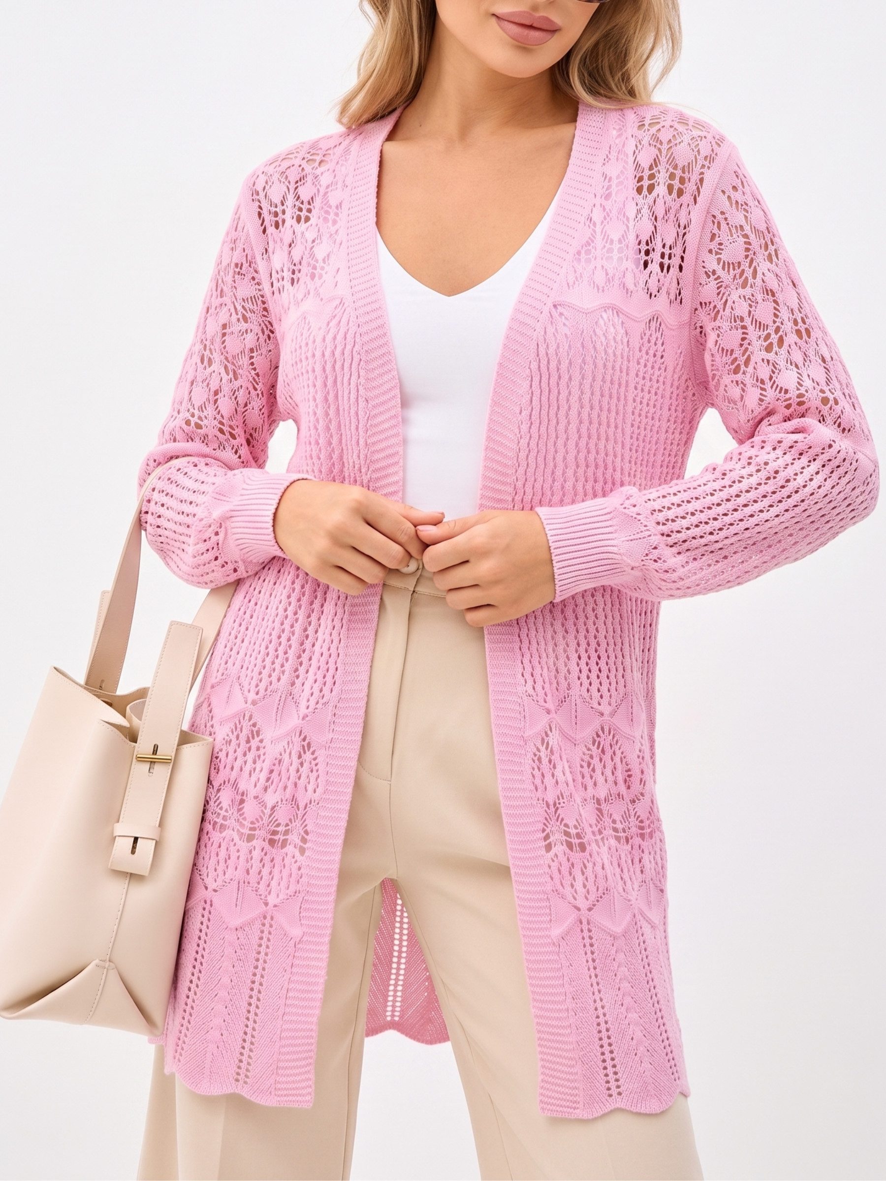 Elegant Love Strickjacke Damen Strandcardigan, Häkel-Strandjacke – Longcardigan in Ajourstrick Beach Kimono, Cover-Up – leichter Lochstrick Überwurf für den Sommer