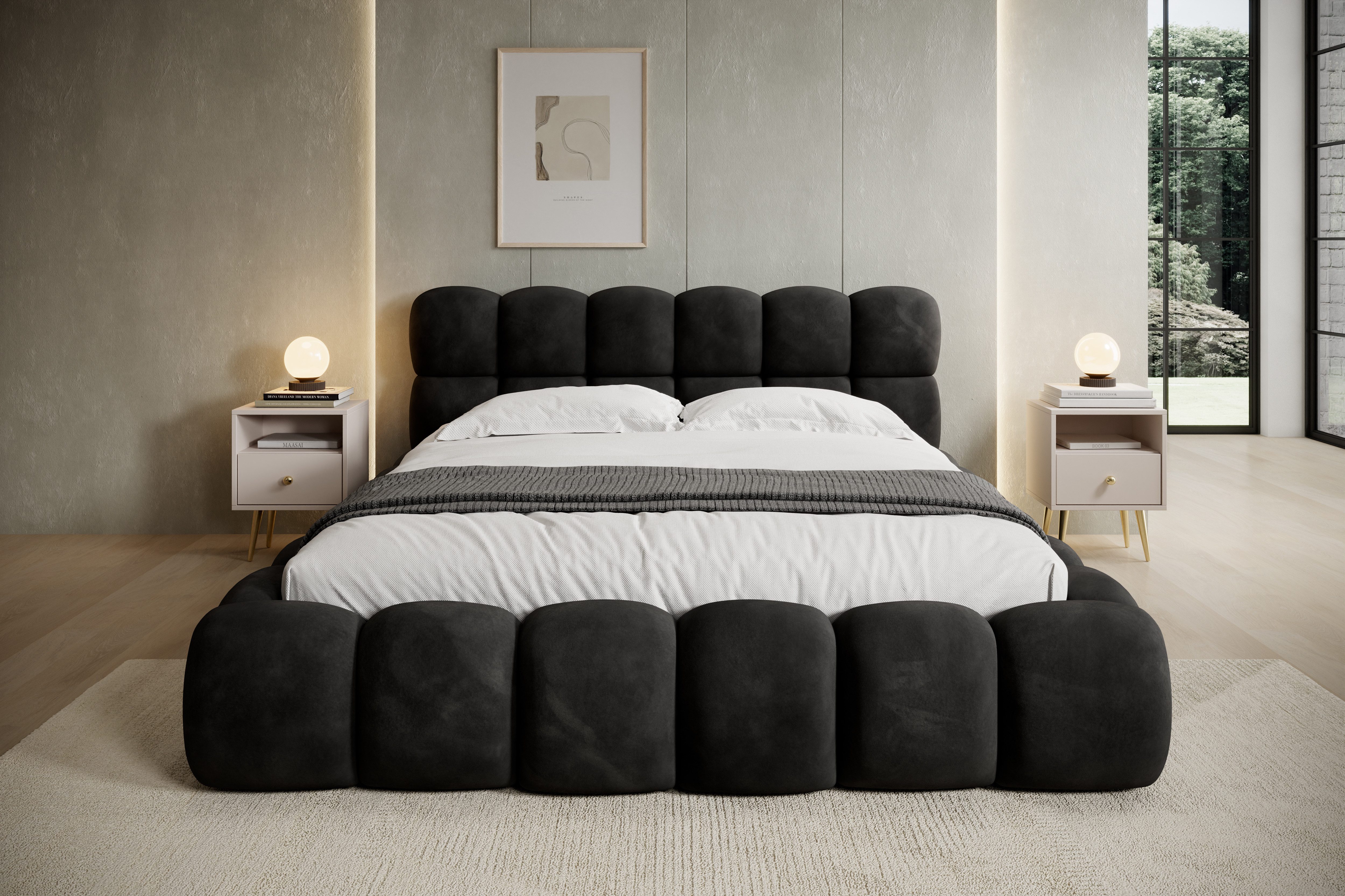thematys Polsterbett mit Bettkasten 140x200–200x200 cm – Velours oder Bouclé Bezug – (Polsterbett in den Varianten Bouclé (Fredo), Velours (Velutto) - Wolkenbett mit XXL Kopfteil), Wolkenbett mit XXL Kopfteil)