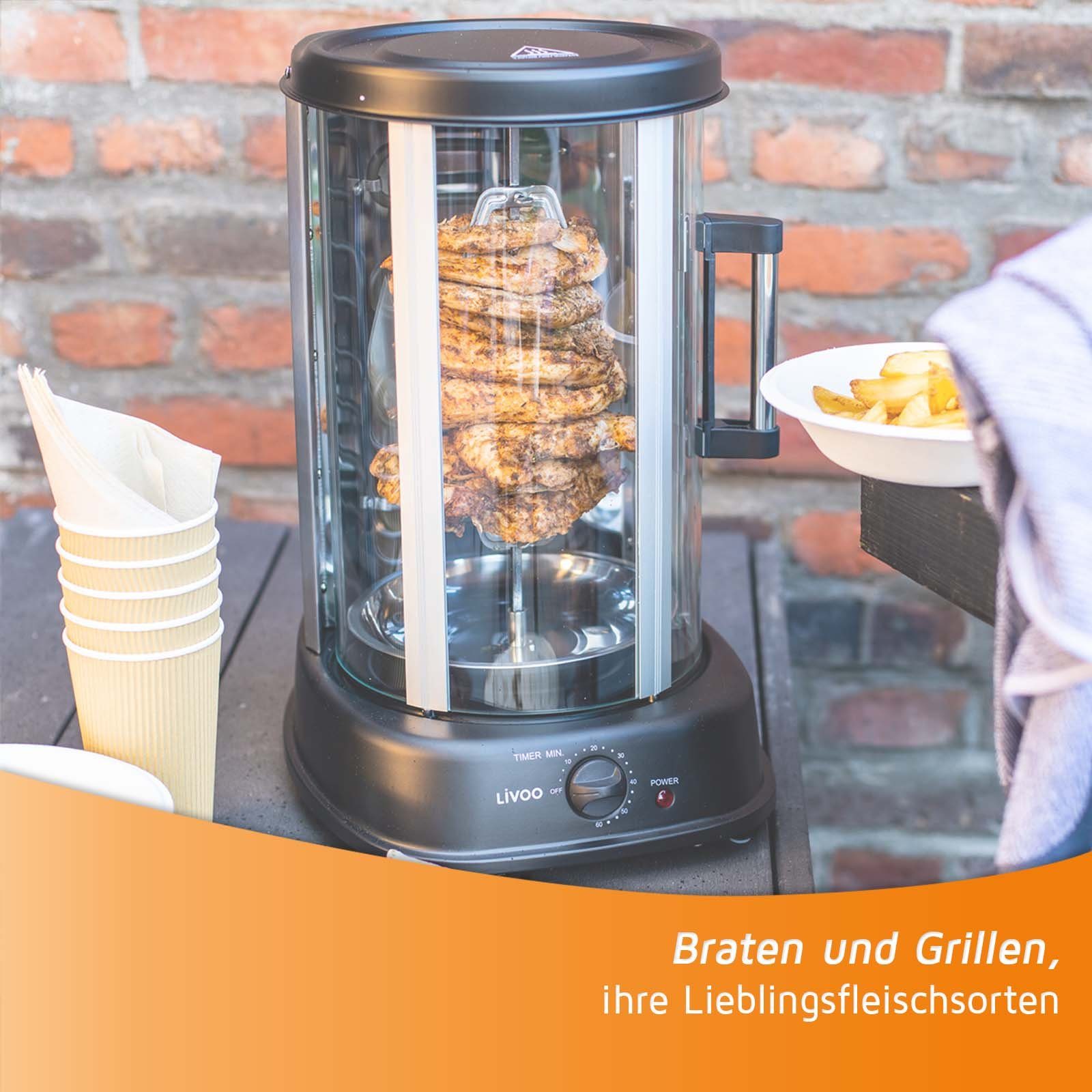 LIVOO Dönergrill LIVOO Dönergrill elektrisch Grill Döner Hähnchengrill mit Drehspieß, 1500,00 W, gleichmäßige Wärmeverteilung, vertikal