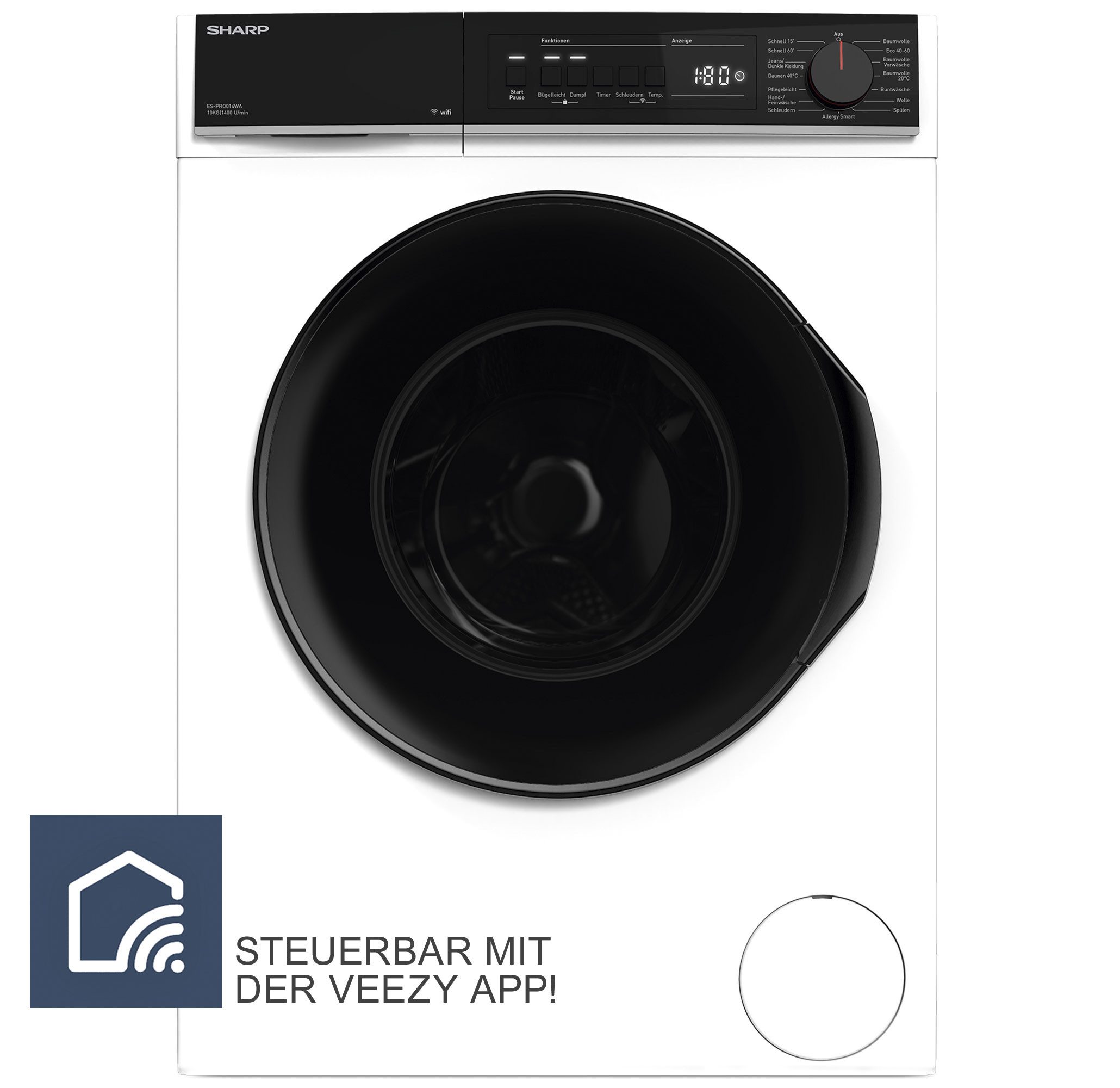 Sharp Waschmaschine ES-PRO014WA-DE, 10 kg, 1400 U/min, Schaumschutz, WaveCabinet, Einfaches Bügeln, WIFI App Steuerbar