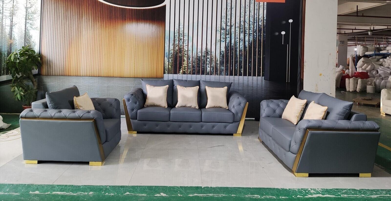 JVmoebel Sofa Stilvolle Graue Chesterfield Couchset 3+2+1 Luxus Neu 3tlg., Made in Europe