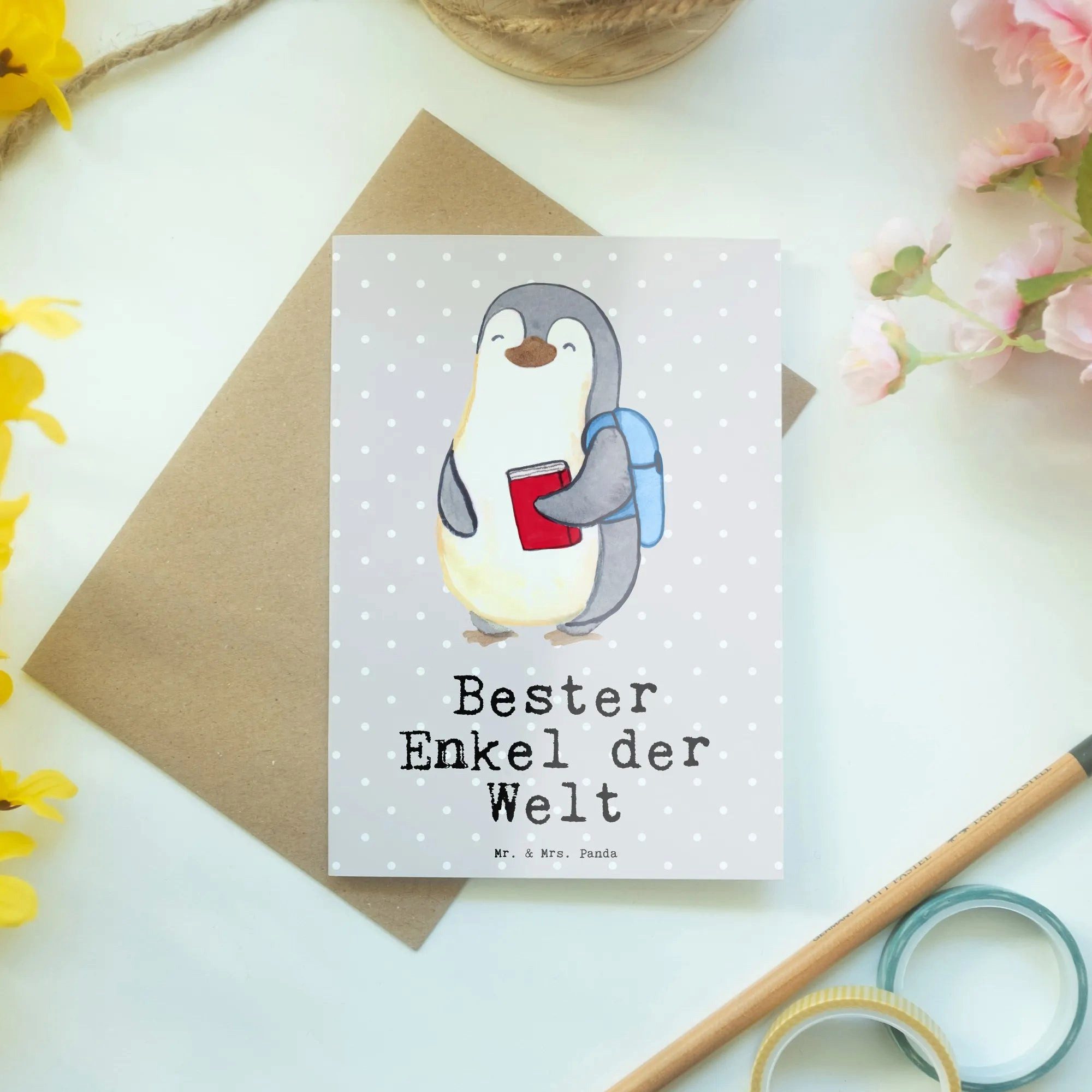 Thumbnail - Mr. & Mrs. Panda Grußkarte Pinguin Bester Enkel der Welt - Grau Pastell - Geschenk, Glückwunschk, Herzberührende Sprüche