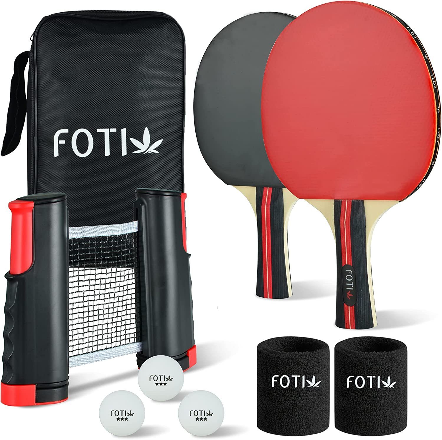 Dretaild Tischtennisschläger Fotix (Premium Deluxe Profi, Tischtennisschläger Profi 3 Sterne Bälle, Tischtennis Set inkl. 2 Schläger, 3 Kugeln, Einziehbares Netz, 2 Handgelenkbandagen, Tasche, Kasten), Premium Tischtennisschläger Set