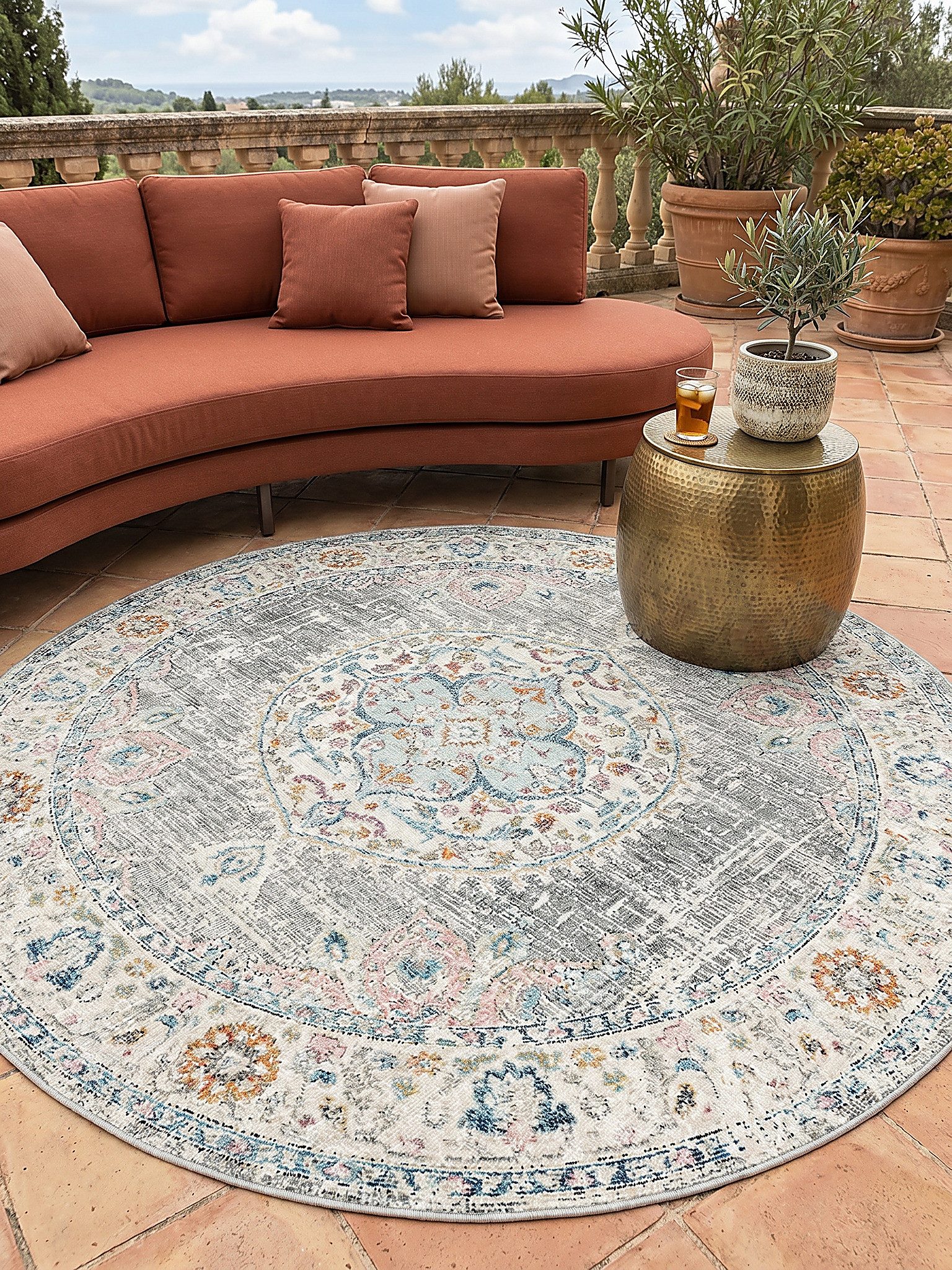 KADIMA DESIGN Outdoorteppich LIMMAT Outdoorteppich Grau 120x120 Orientalisch Polypropylen Outdoor, Rund, Höhe: 5 mm, Saugroboter-geeignet, Strapazierfähig, Pflegeleicht, Farbecht