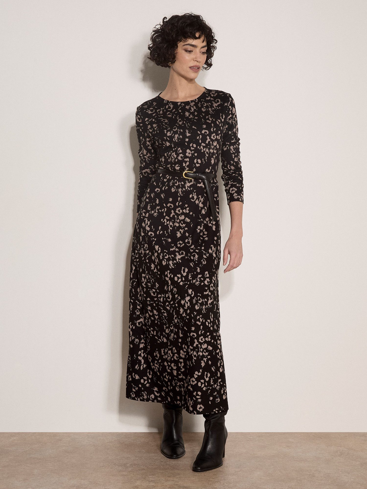 Apricot Strickkleid Langes Jerseykleid mit Leopardenmuster