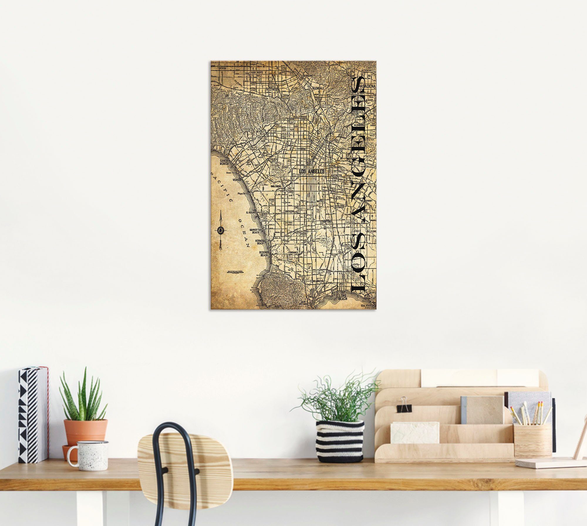 Artland Größen Karte Leinwandbild, in versch. Amerika Karte Wandaufkleber Alubild, als (1 Straßen St), Wandbild Sepia, Angeles Los oder Poster