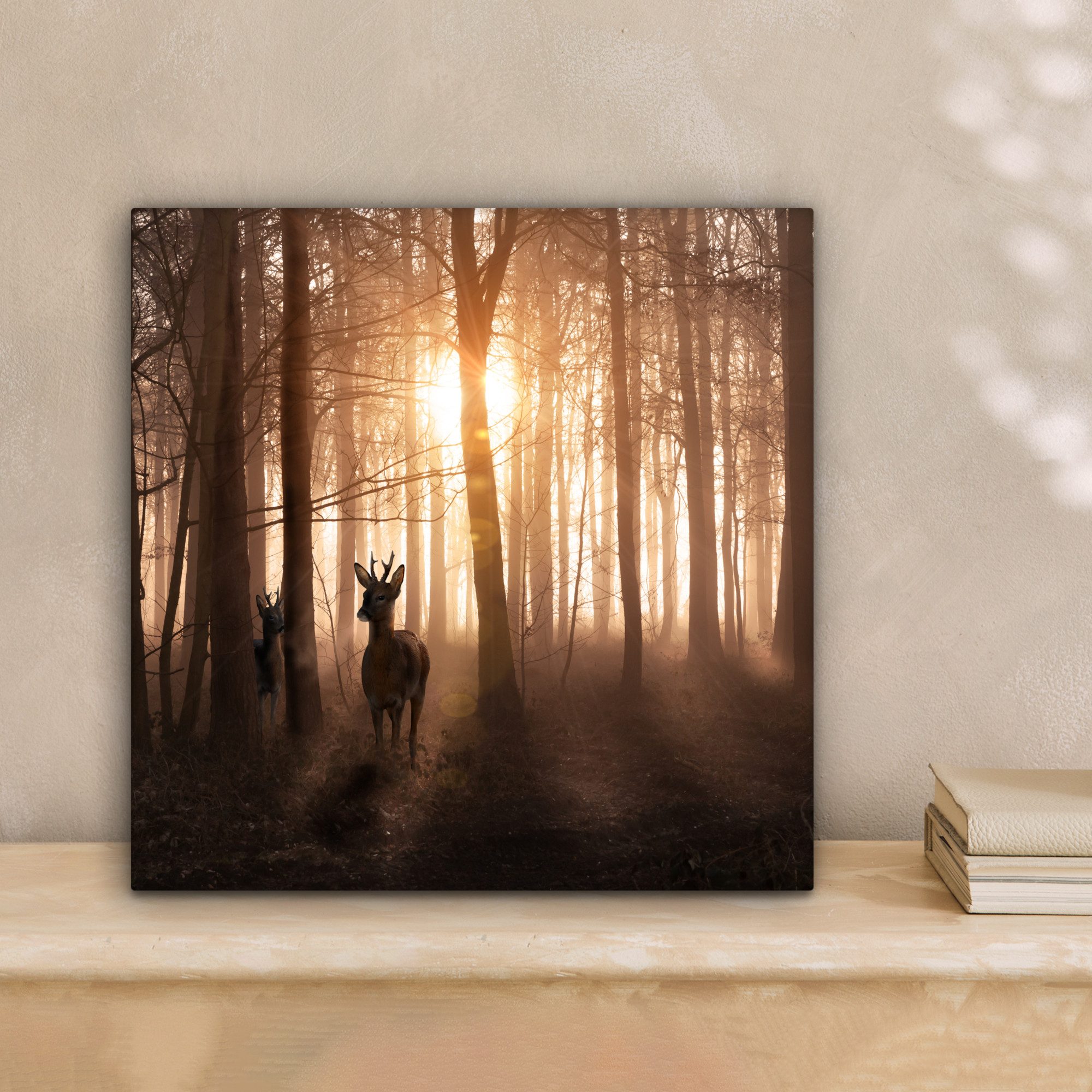 OneMillionCanvasses® Leinwandbild Wald - Hirsche - Sonne - Bäume - Winter - günstig online kaufen