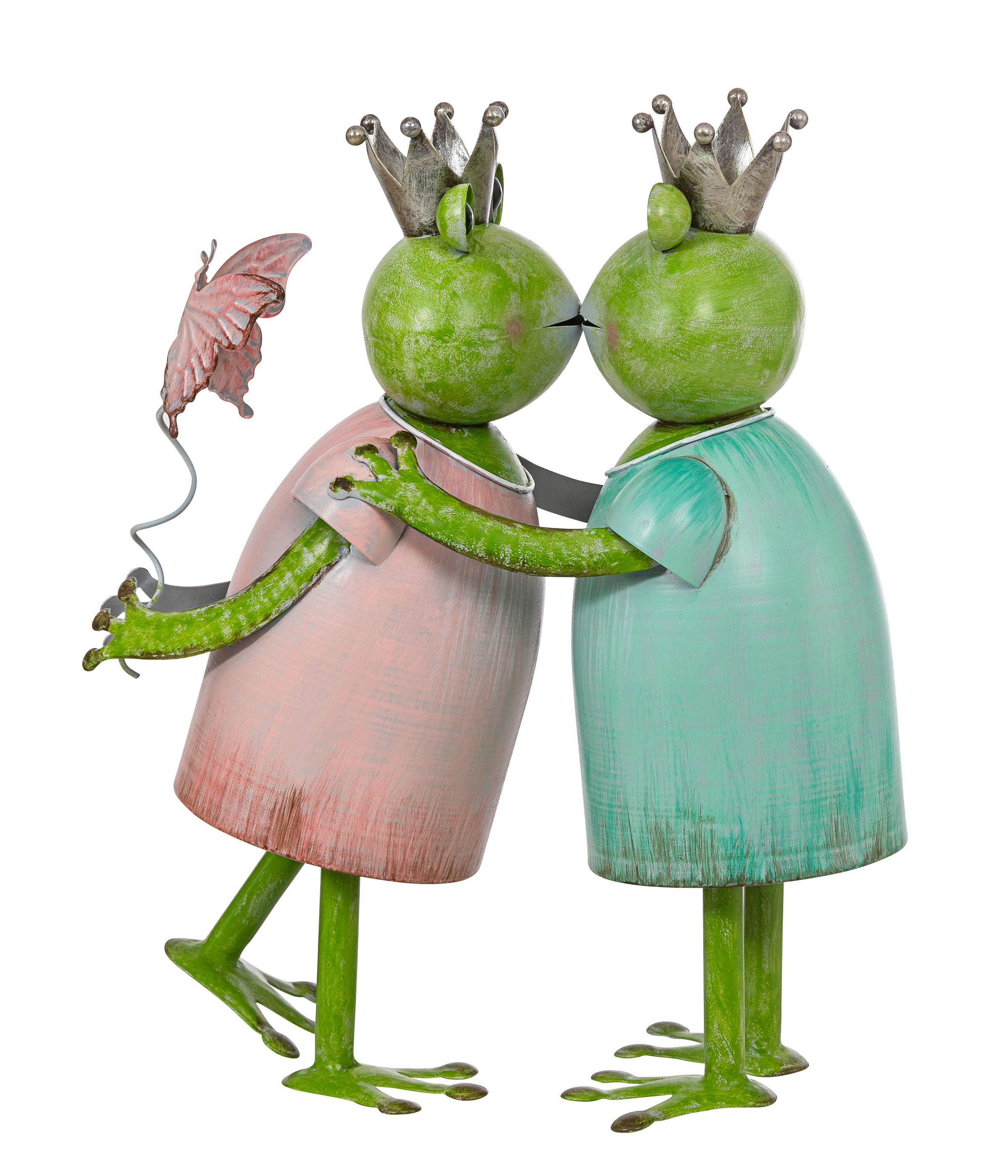 Dehner Gartenfigur Froschpaar, 25 x 23 x 14 cm, Metall, grün / rosa, lackierte, frostbeständige Gartenfigur, auch für Indoor geeignet