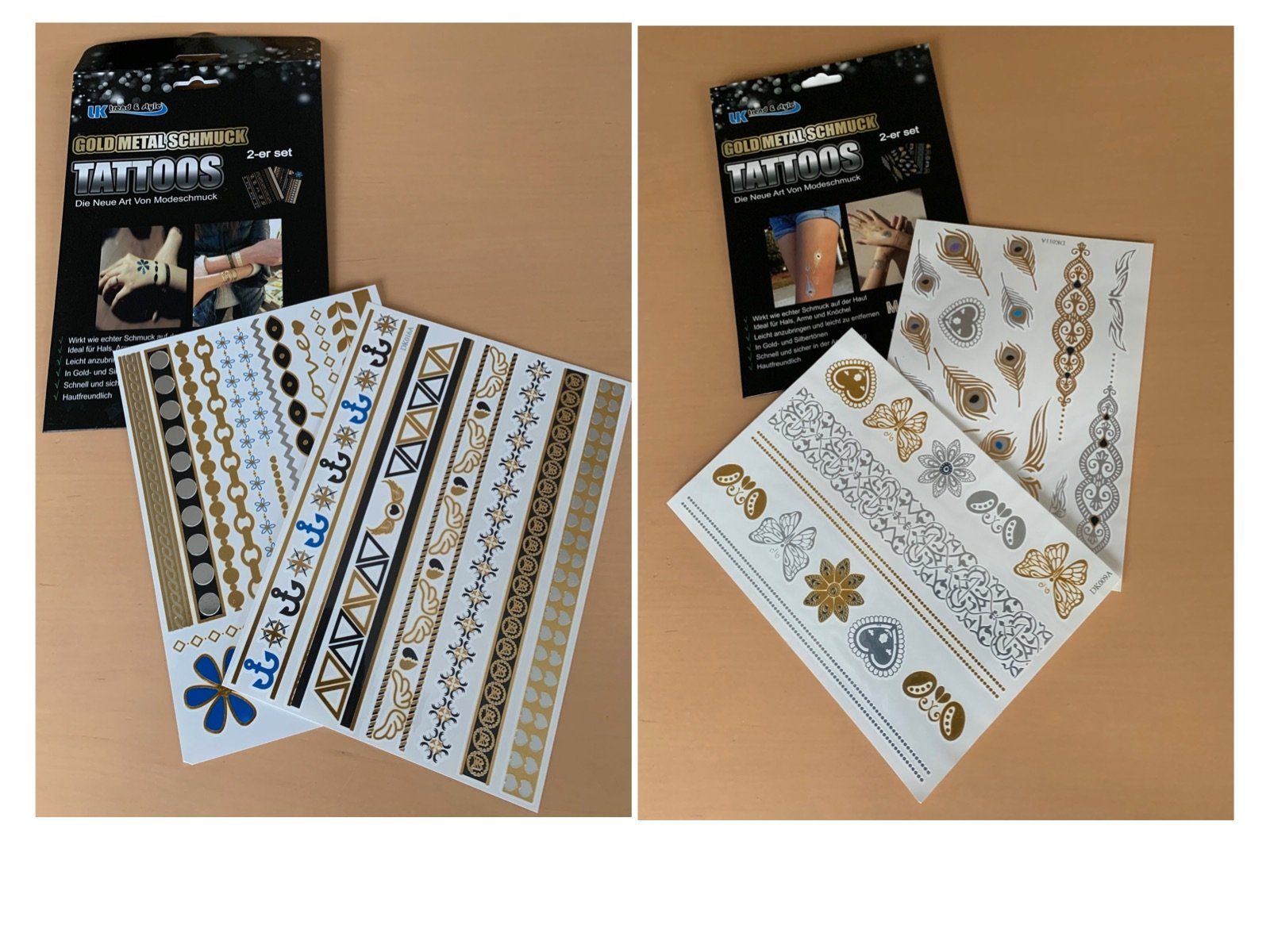 LK Trend & Style Schmuck-Tattoo Gold-Metall die andere Art von Modeschmuck., 54-tlg., Im Sommer Festival Geburtstagsparty Mädelstag 27 x 2er Set