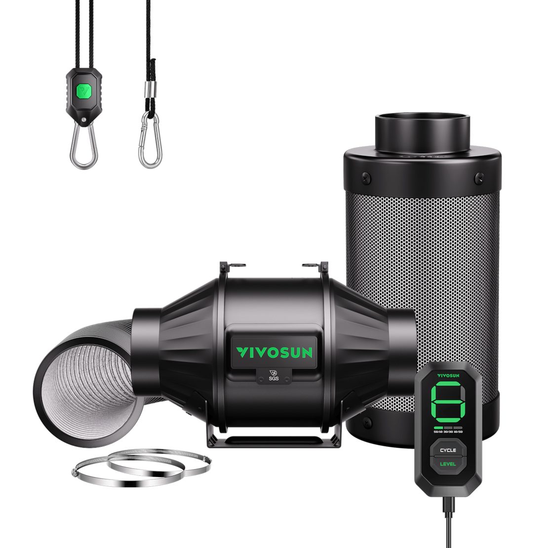 VIVOSUN Ventilatorkombigerät VIVOSUN AeroZesh T-Serie, 10 cm Durchmesser, Abluft-Set mit E12-Geschwindigkeitsregler und Aktivkohlefilter