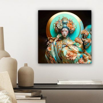 OneMillionCanvasses® Leinwandbild Frau - Kimono - Blumen - Gold - Porträt, (1 St), Leinwand Bilder für Wohnzimmer Schlafzimmer