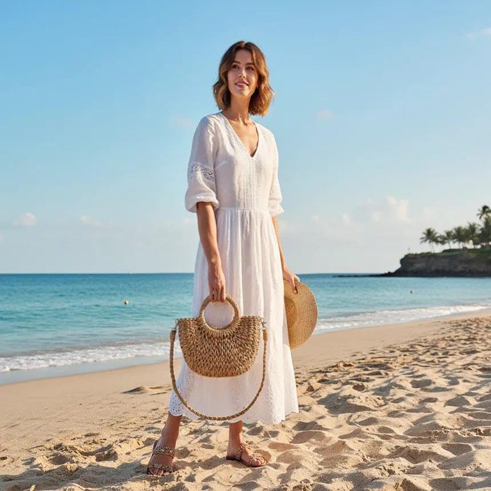 Bwecuy Umhängetasche Strohtasche Damen Halbmond, Handgeflochtene Rattan Strandtasche, Retro Schultertasche und Crossbody Bag, Sommer Tasche