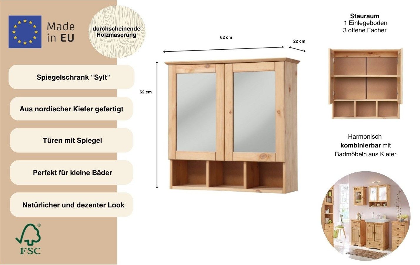 welltime Spiegelschrank Landhaus Sylt Badschrank, Badmöbel, FSC®-zertifiziert Breite 62,5 cm, aus Massivholz, MADE IN EUROPE