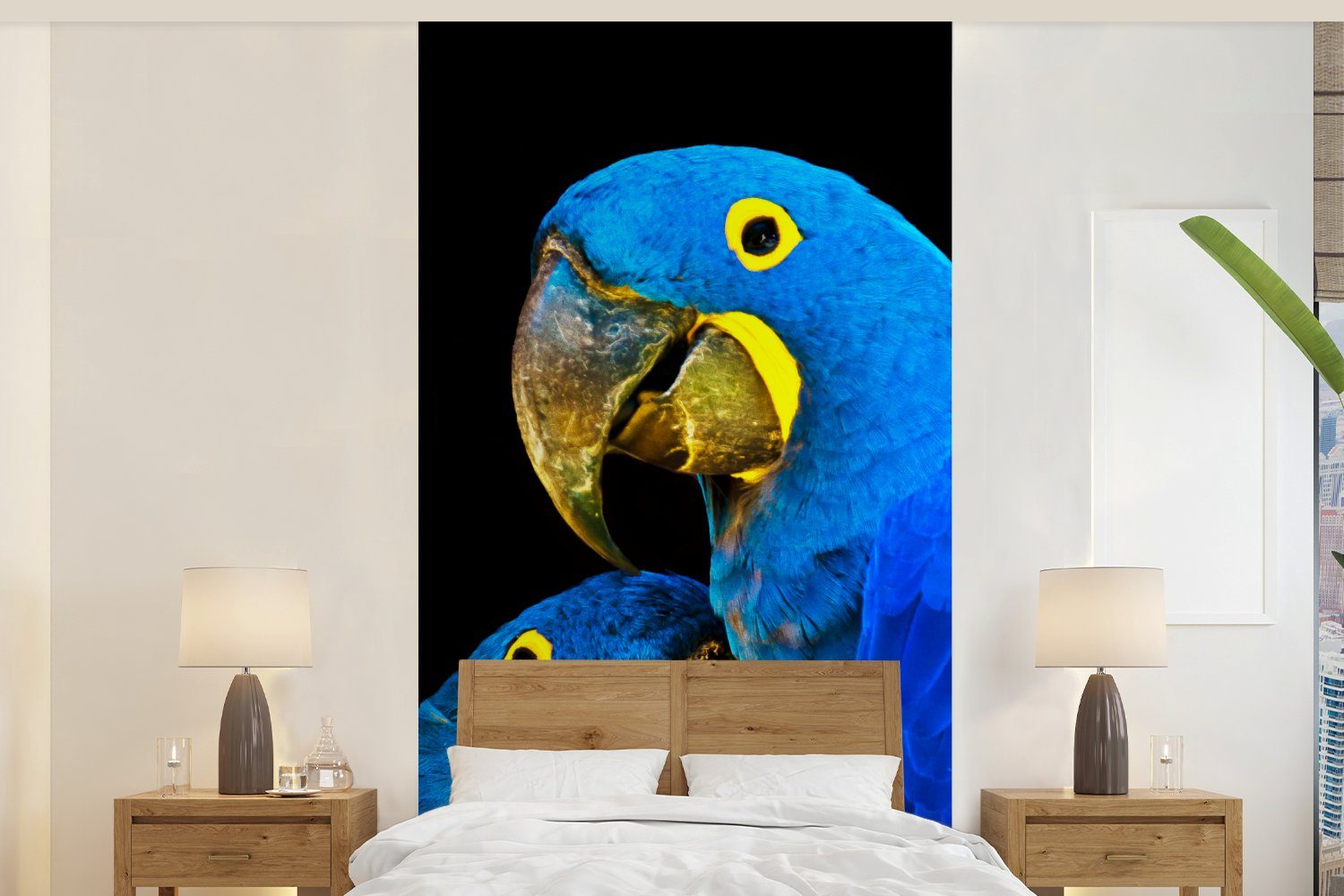 MuchoWow Fototapete Papagei - Vogel - Federn - Blau, Matt, bedruckt, (2 St), Vliestapete für Wohnzimmer Schlafzimmer Küche, Fototapete
