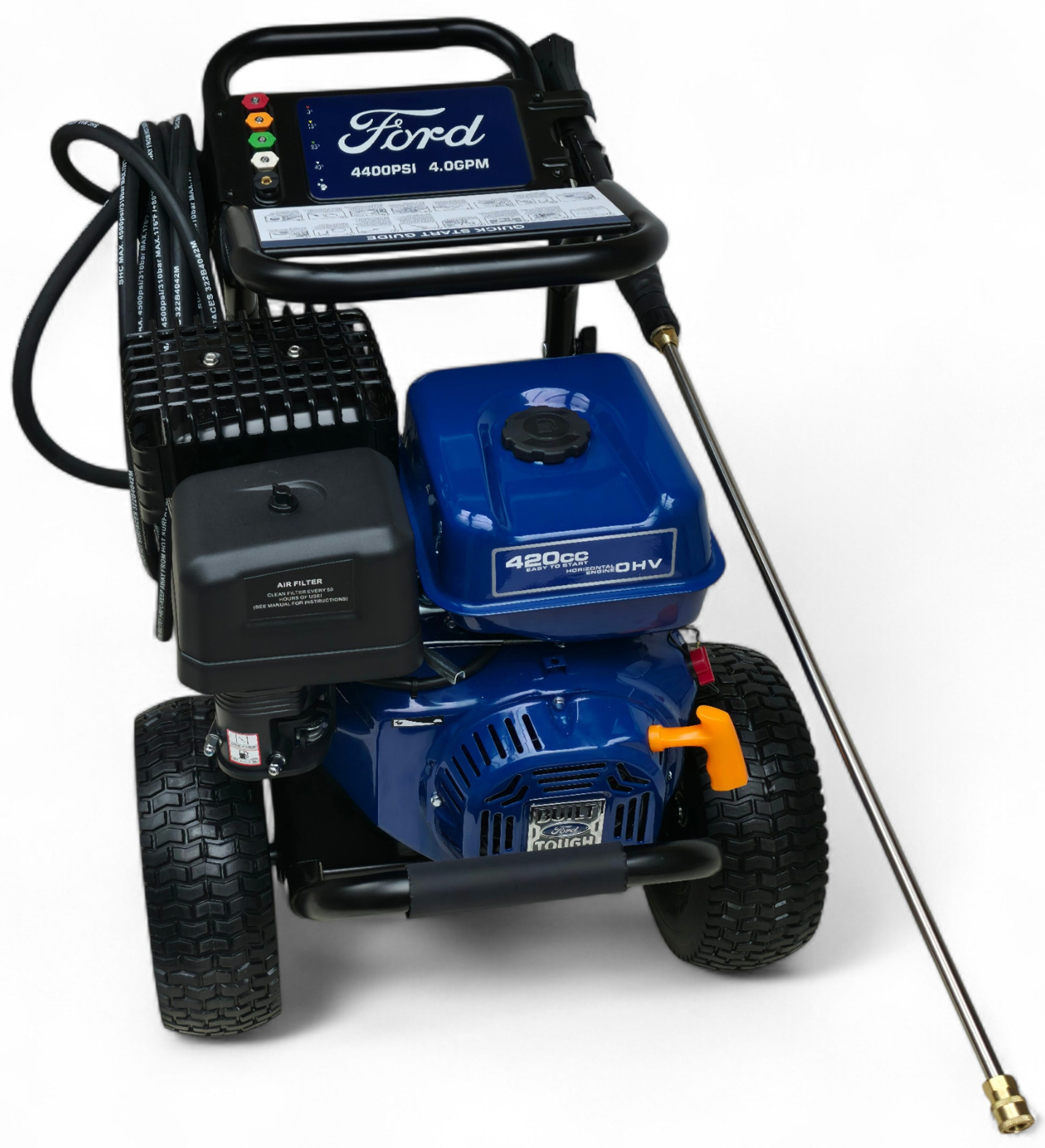 DeTec. Hochdruckreiniger Ford Benzin 13PS, Flächenreiniger 420cm³, Industrie-Steinreiniger, Druck max: 303 bar, Fördermenge max: 906 l/h, Annovi reverberi RSV-4G40 Triplex Keramik Hochdruckpumpe