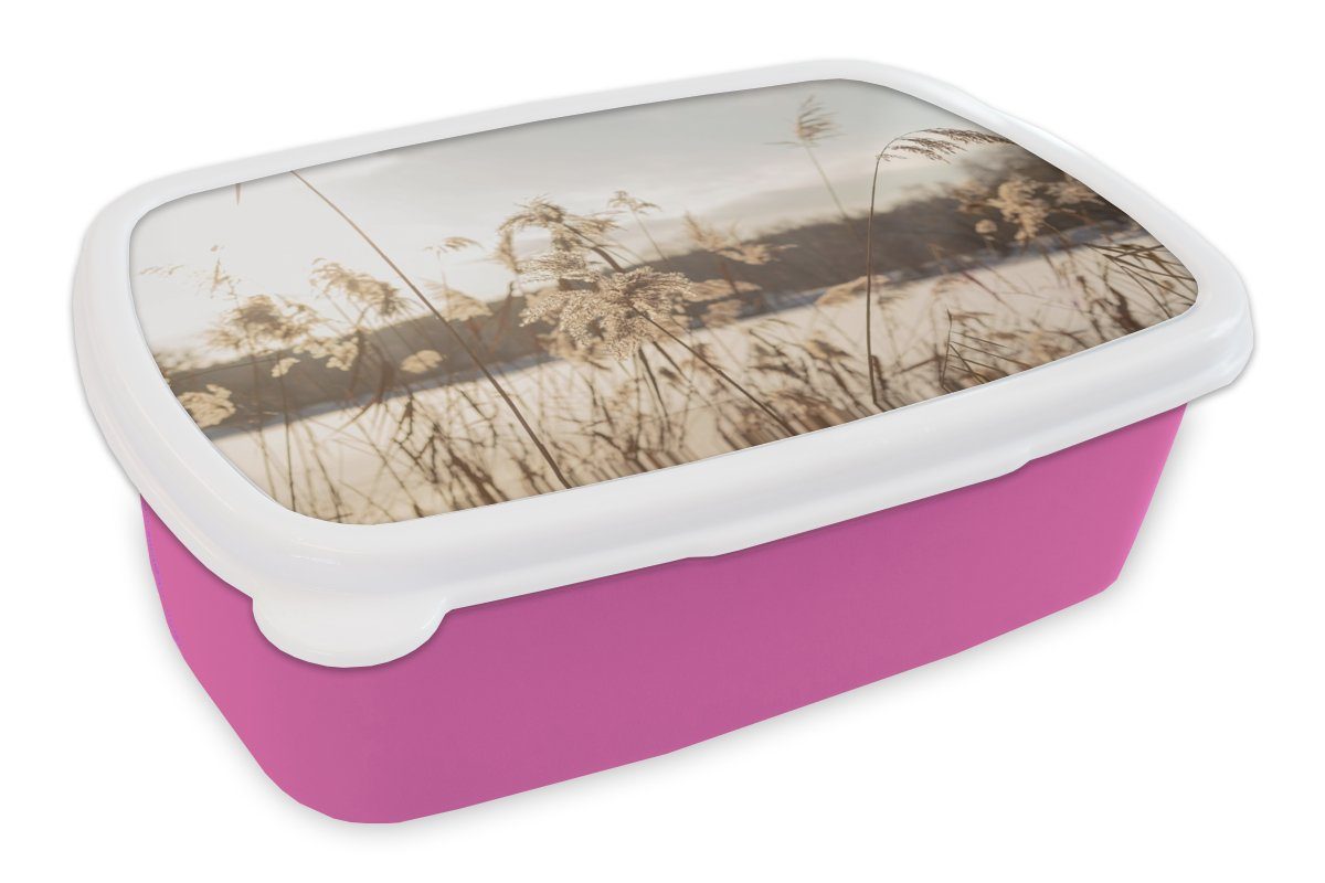 MuchoWow Lunchbox Wasser - Pampasgras - Pflanzen, Kunststoff, (2-tlg), Brotbox für Erwachsene, Brotdose Kinder, Snackbox, Mädchen, Kunststoff rosa