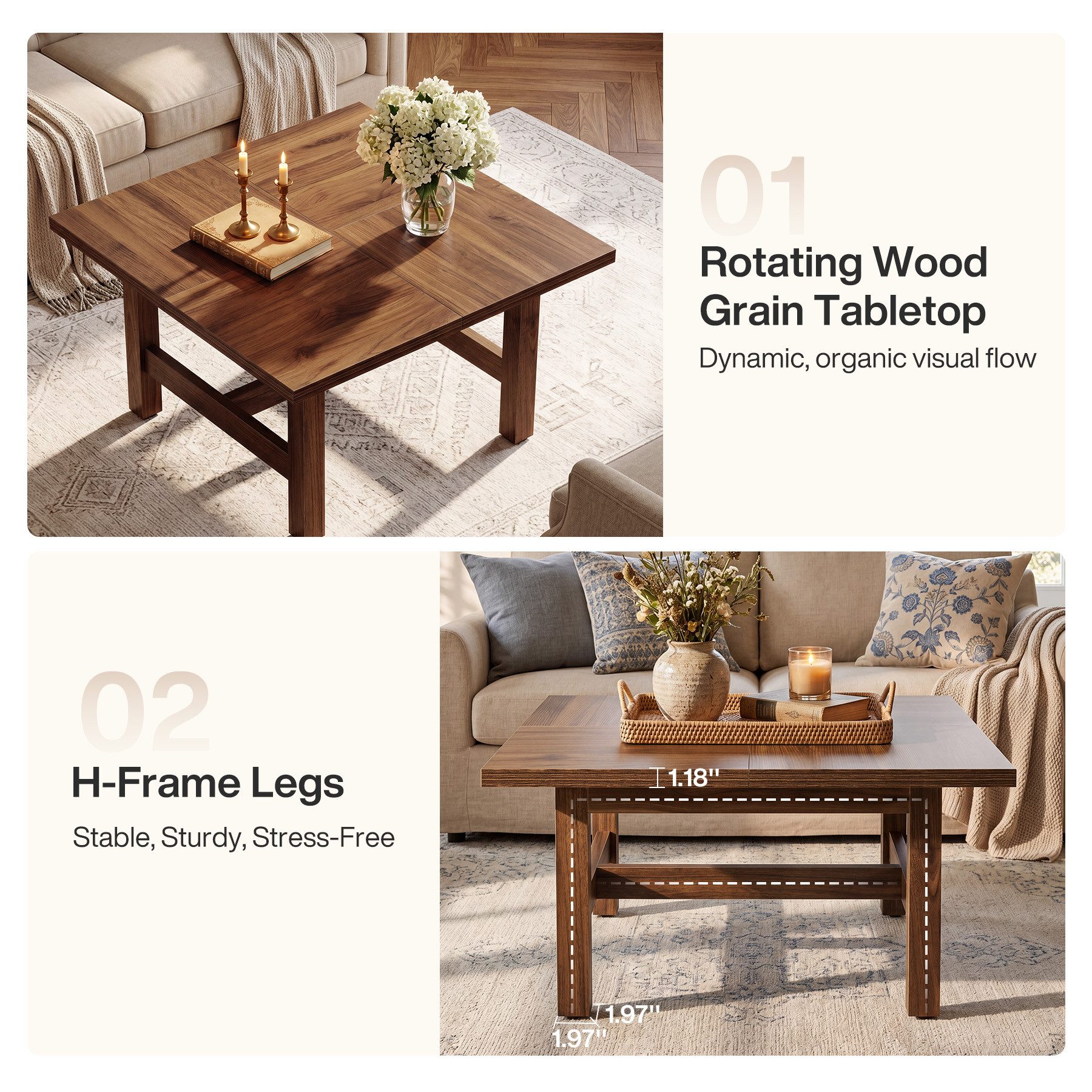 Tribesigns Couchtisch 79 cm Beistelltisch aus Holz, quadratischer Sofatisch im Landhausstil – Bild 5 von 5