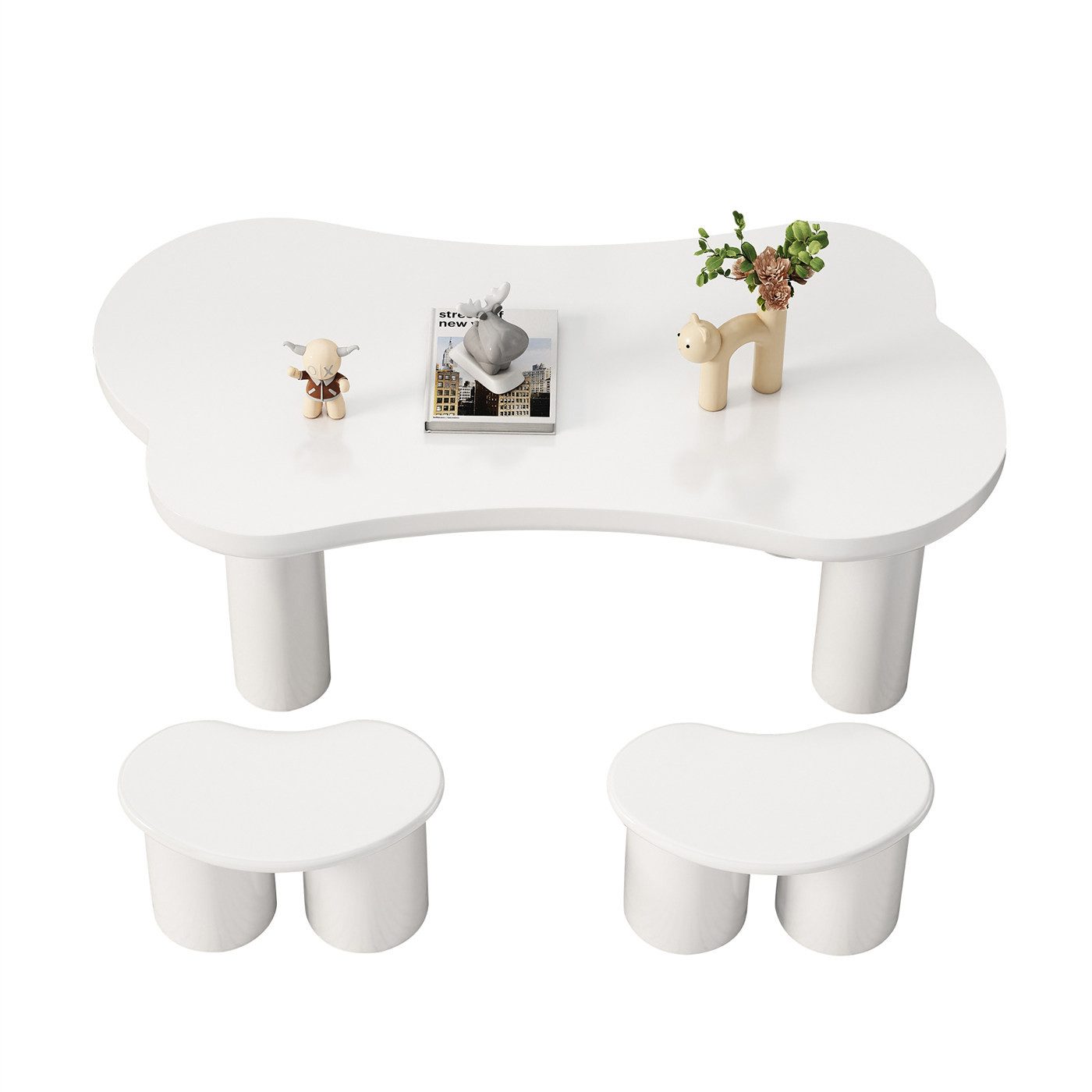 autolock Couchtisch Unregelmäßiger Couchtisch in Knochenform mit 2 kleinen Bänken, großer Couchtisch, Tischplatte aus MDF und Beine aus PVC mit Filzboden