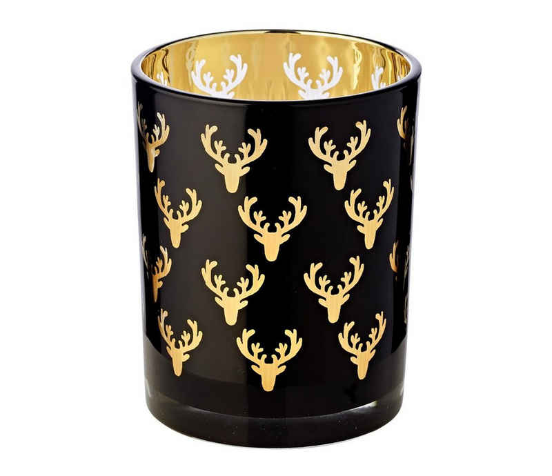 EDZARD Windlicht Ben, Kerzenglas mit Hirsch-Motiv in Gold-Optik, Teelichtglas für Teelichter, Höhe 13 cm, Ø 10 cm