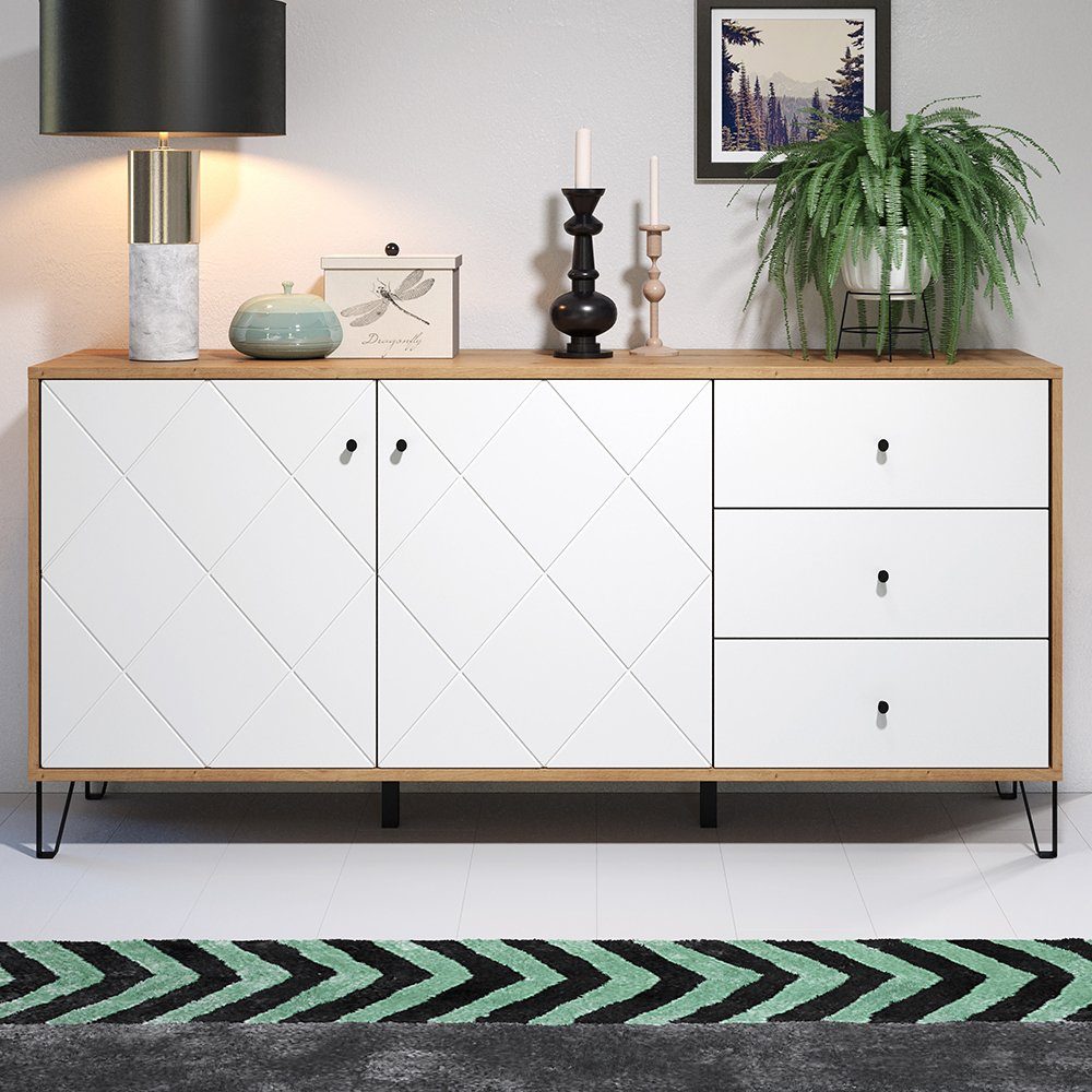 trendteam Anrichte Touch, Sideboard Kommode Schrank Artisan Eiche Weiß matt