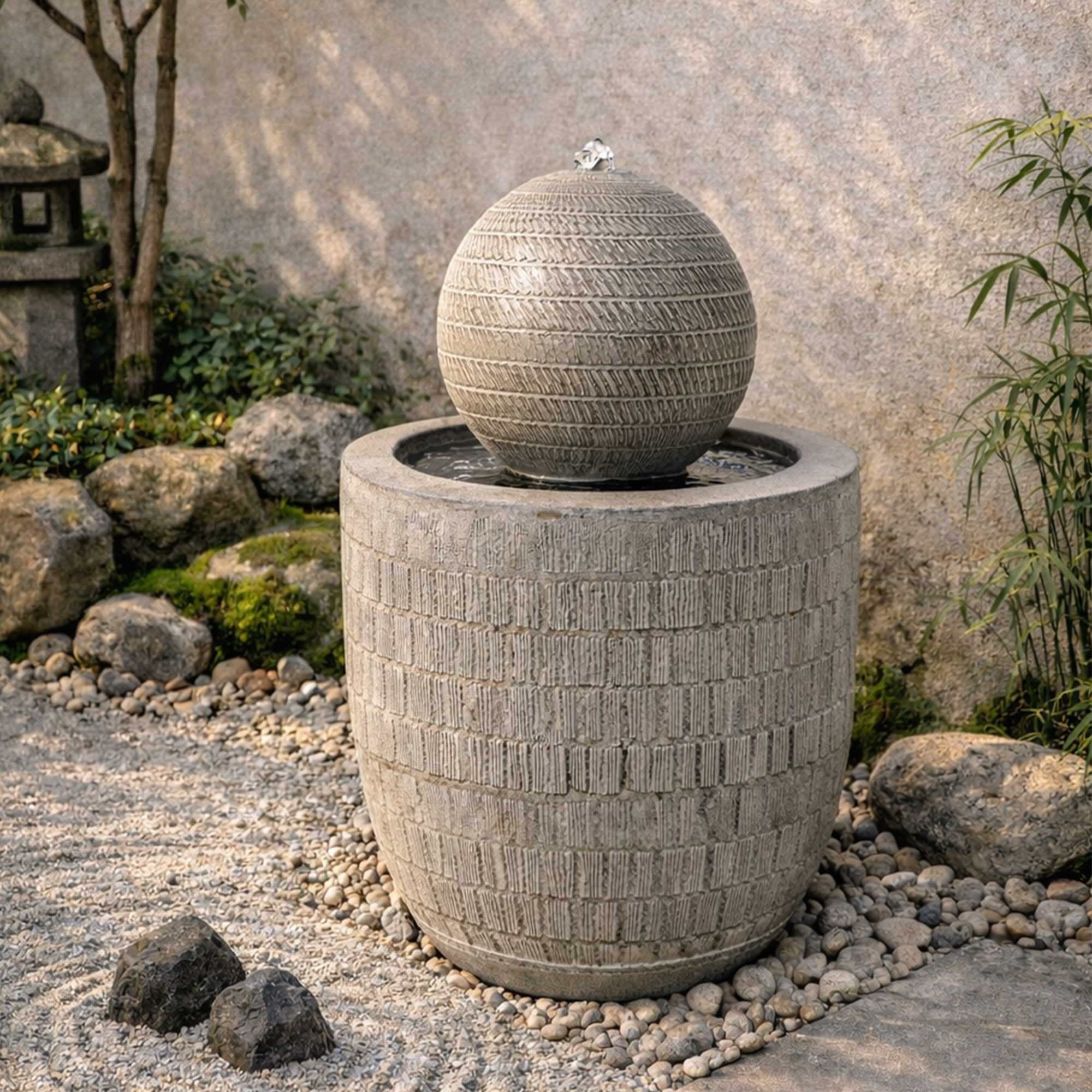 Köhko Gartenbrunnen Kugelbrunnen mit LED Moderner Brunnen mit strukturierter Oberfläche