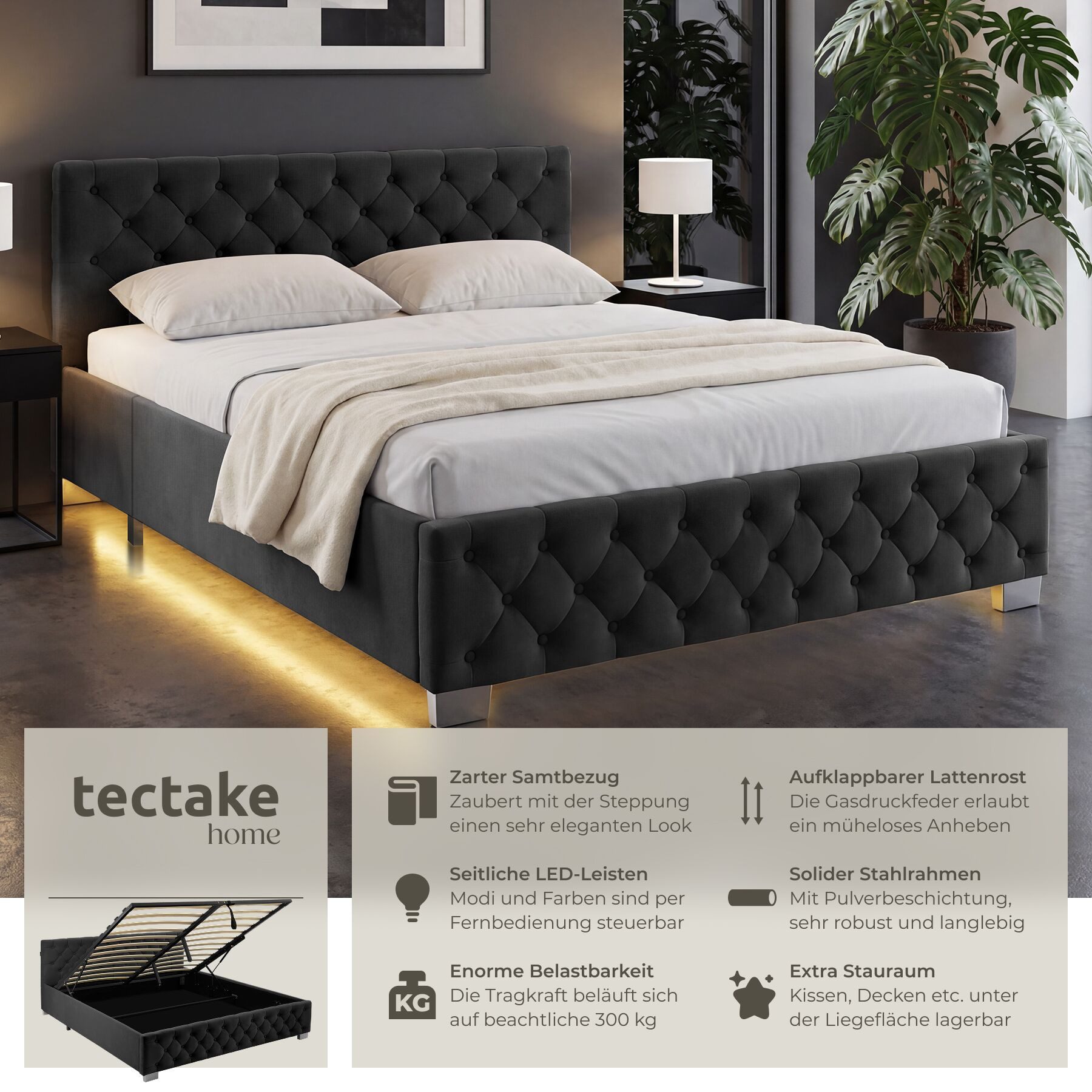 tectake Polsterbett Komfortbett mit LED-Leisten & Stauraum - Samtoptik mit Steppmuster (Bettset, in Samtoptik Schwarz), stabiler Stahlrahmen, Belastbarkeit 300 kg