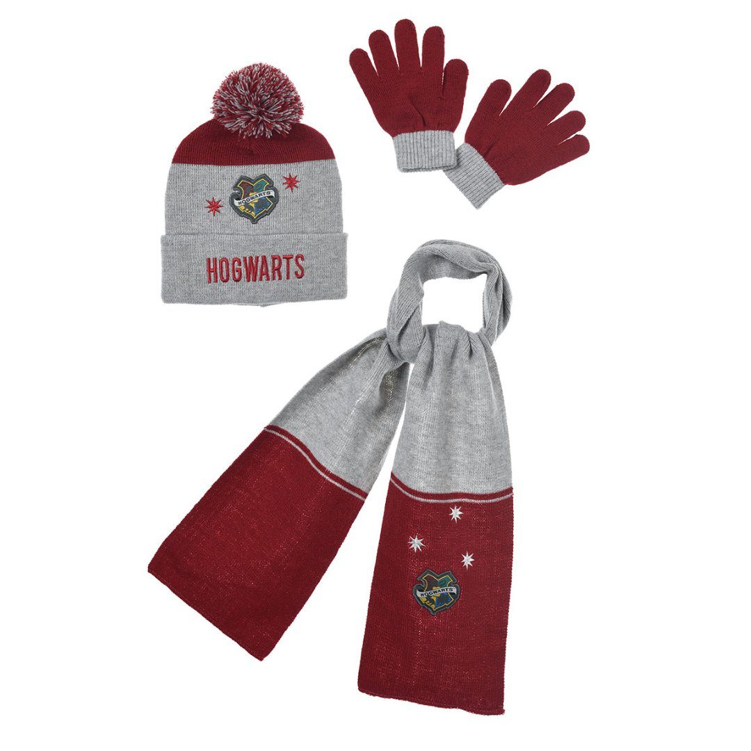 Harry Potter Bommelmütze Harry Potter Hogwarts Kinder Jugend 3tlg Winter Set (3-St) Mütze plus Schaal Handschuhe