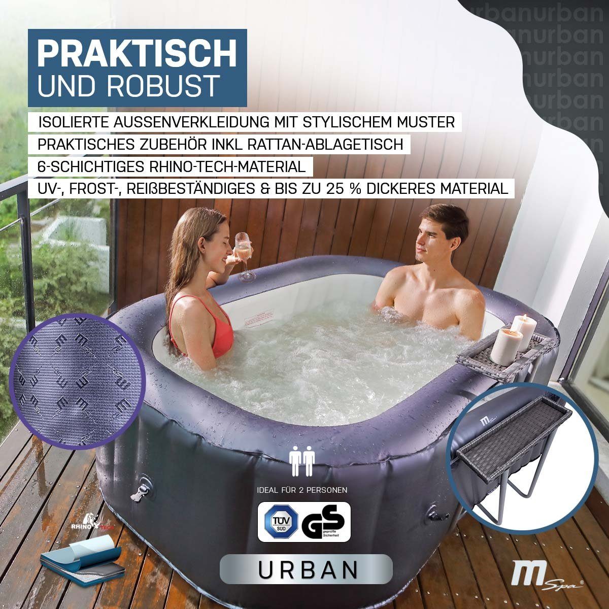 mSpa Whirlpool aufblasbar Urban Nest U-NE021 für 2 Personen mit Rattan-Tisch, aufblasbares Aufstellbecken, (Outdoor Indoor Luxus Garten Pool - inkl. Wärmeschutzabdeckung - UV-C Filter - 40 ° C Schnellheizsystem - Winterfest, Sitzpolster - 6-Schicht-PVC - LED Fernbedienung - Selbstaufblasbar), Pool Viereckig - Ozongenerator - 104 Luftdüsen