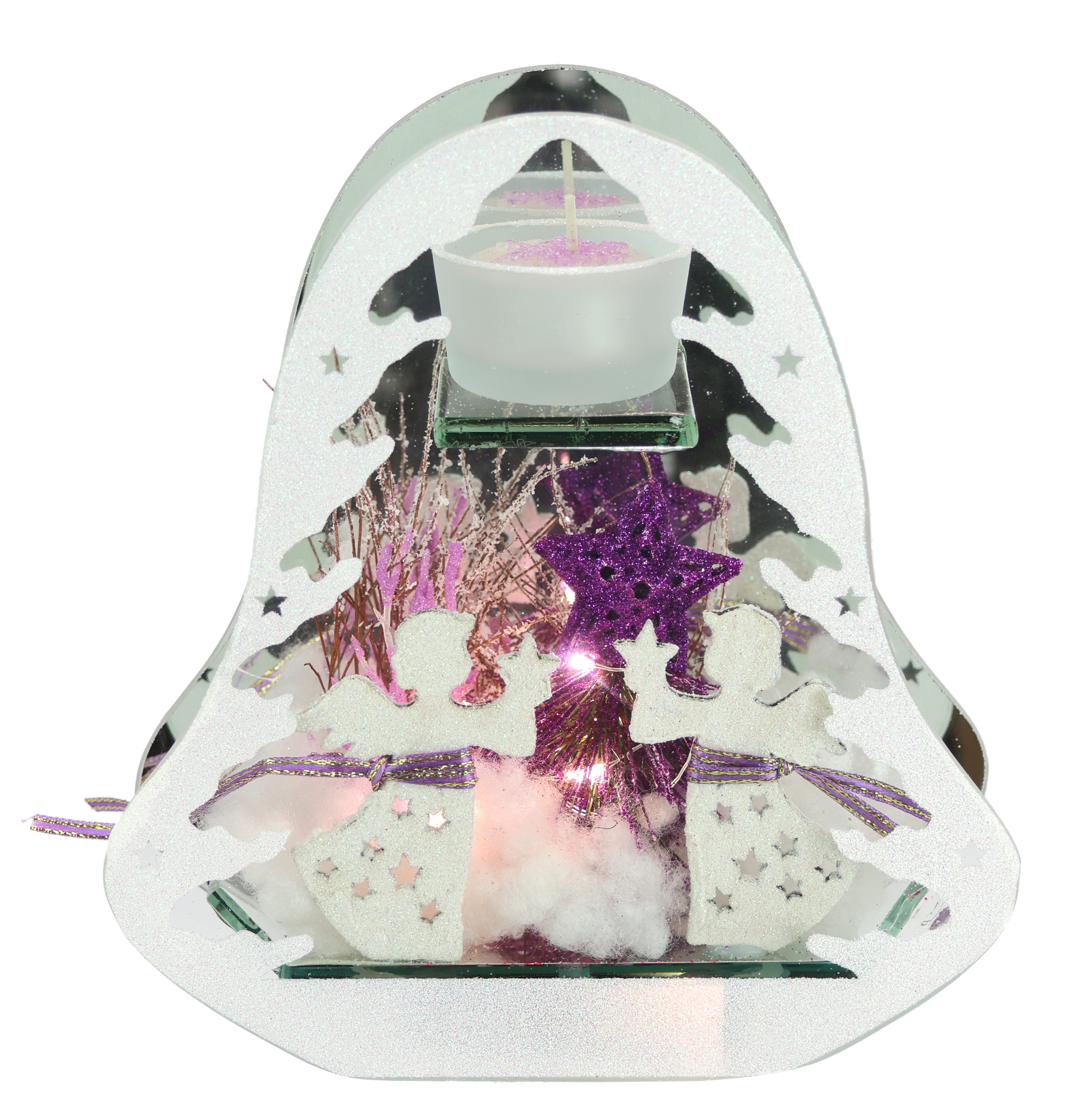 I.GE.A. Teelichthalter Deko-Objekt mit LED Licht und Teelichtkerze (1 St), Mit Tanne Engel Stern Kunstschnee Weihnachtsdeko Geschenk