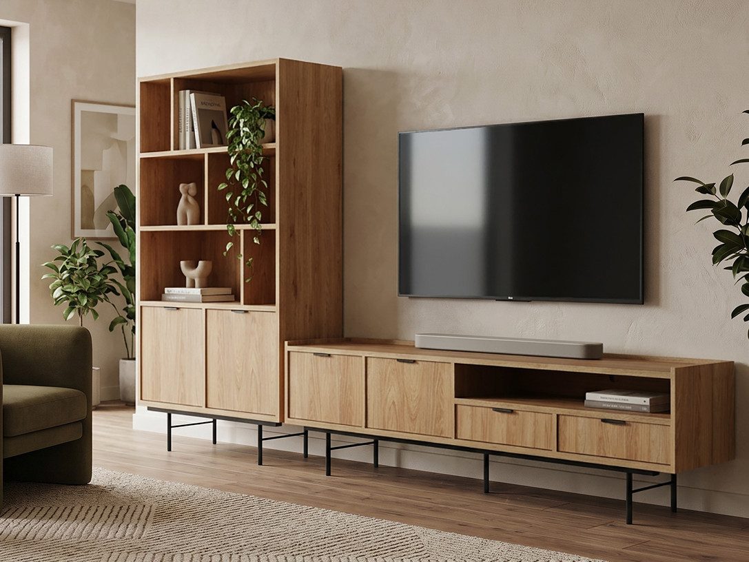 Beautysofa Wohnzimmer-Set Evron 2-teilig Bücherregal 90 cm + TV-Board 200 cm, (Lowboard mit Metallbeinen 20 cm, Schubladen, Türen und offenen Fächern), modernes Wohnzimmermöbel-Set in Warmia Walnuss oder Hikory Natur