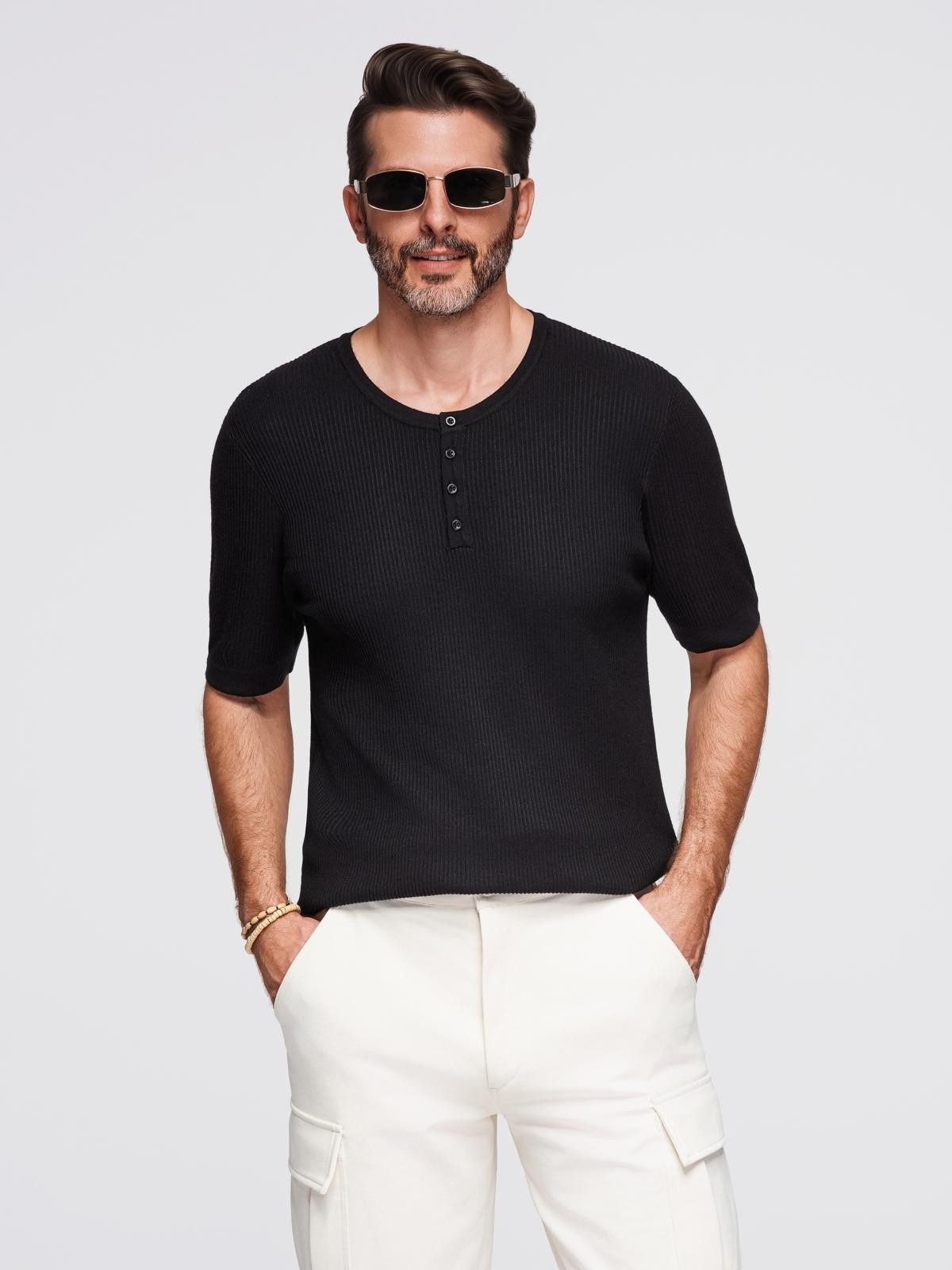 OMBRE T-Shirt Herren-Strick-T-Shirt mit Knöpfen am Halsausschnitt