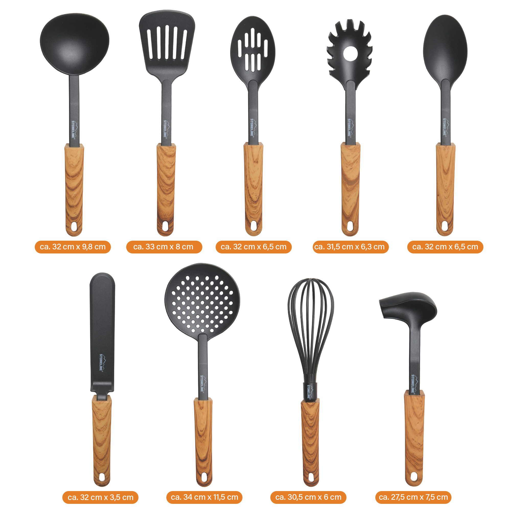 STONELINE Kochbesteck-Set Kochutensilien-Set mit Holzgriff-Design "Back to Nature" (Set, 9-tlg), Perfekt für Antihaft-Pfannen und Töpfe, Design aus Deutschland