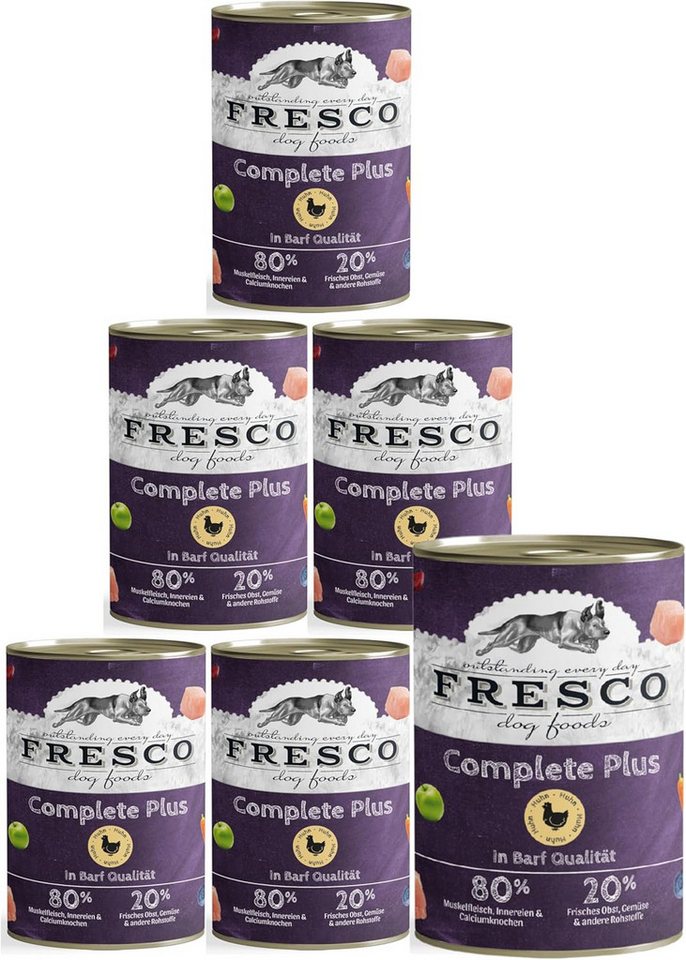 Fresco Dog NassBarf Premium Hundefutter Nass 6 x 800g, Huhn, Nassfutter für: Hunde, Getreidefrei, zuckerfrei, hoher Fleischanteil