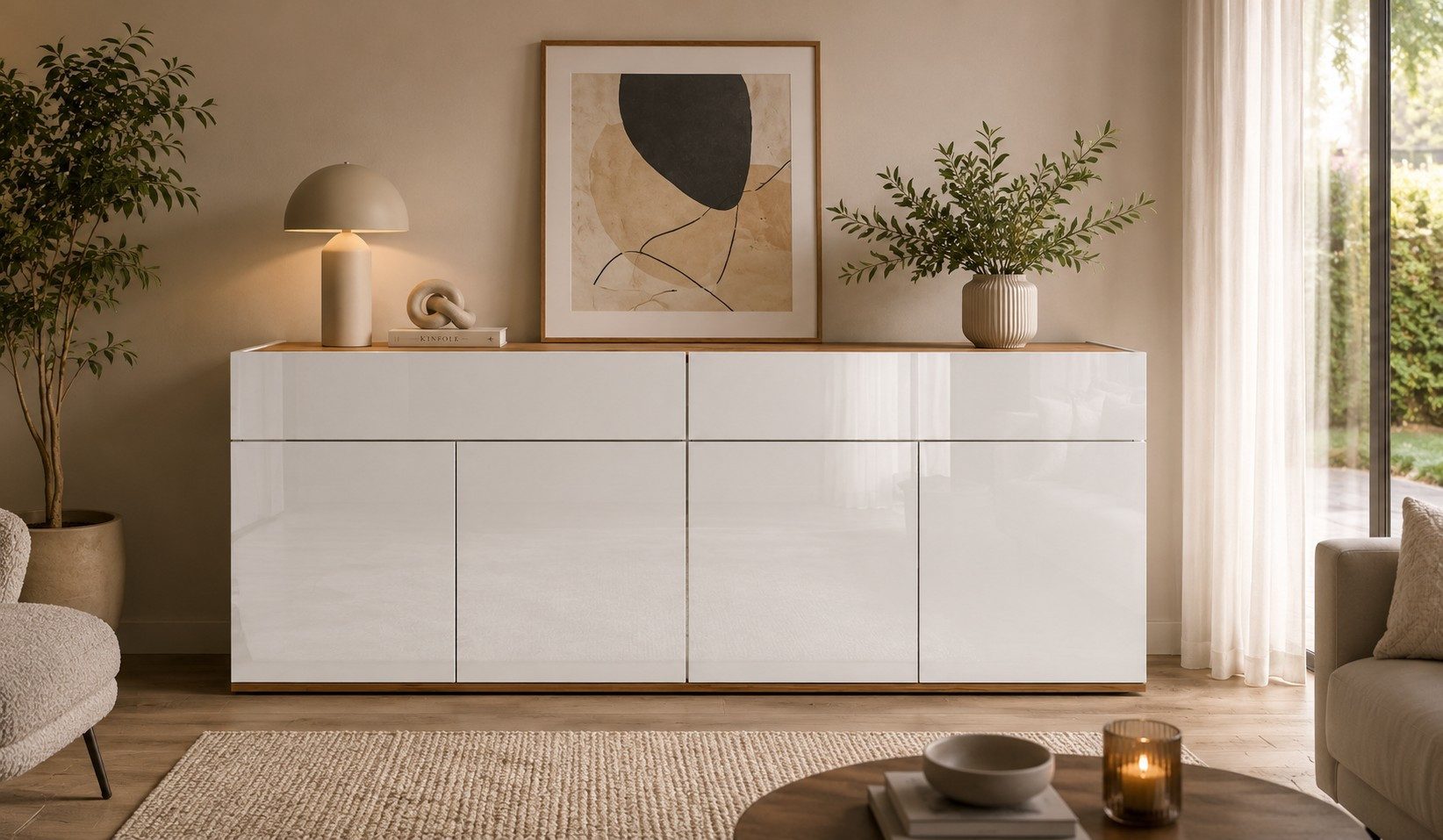 OTTO home Sideboard Garda Kommode, Schrank, 4 Türen mit Push-to-Open, Made in Italy, Hochglanzlackierte Fronten,2 Schubladen, grifflos Breite 160,1 cm