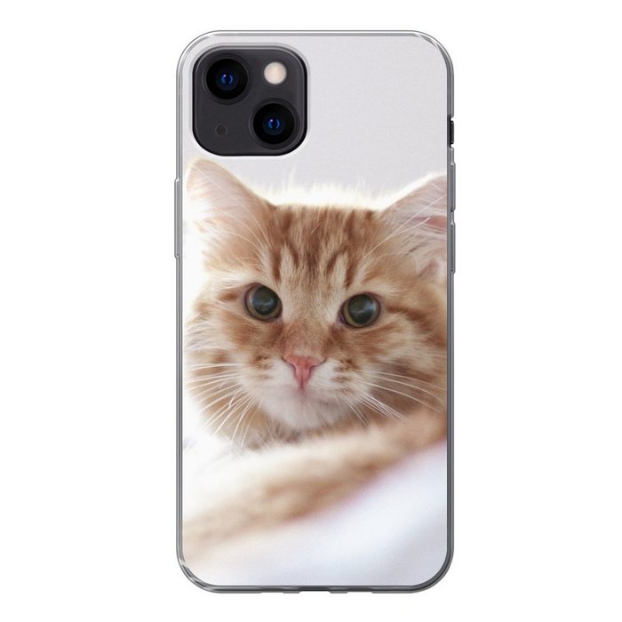 MuchoWow Handyhülle Katze - Rot - Bett - Mädchen - Kinder - Jungen Handyhülle Apple iPhone 13 Mini Smartphone-Bumper Print Handy